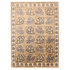 Tapis de sol Ikat de l'Inde - Laine Bleu Brown Ivoire Jaune Design - 94153