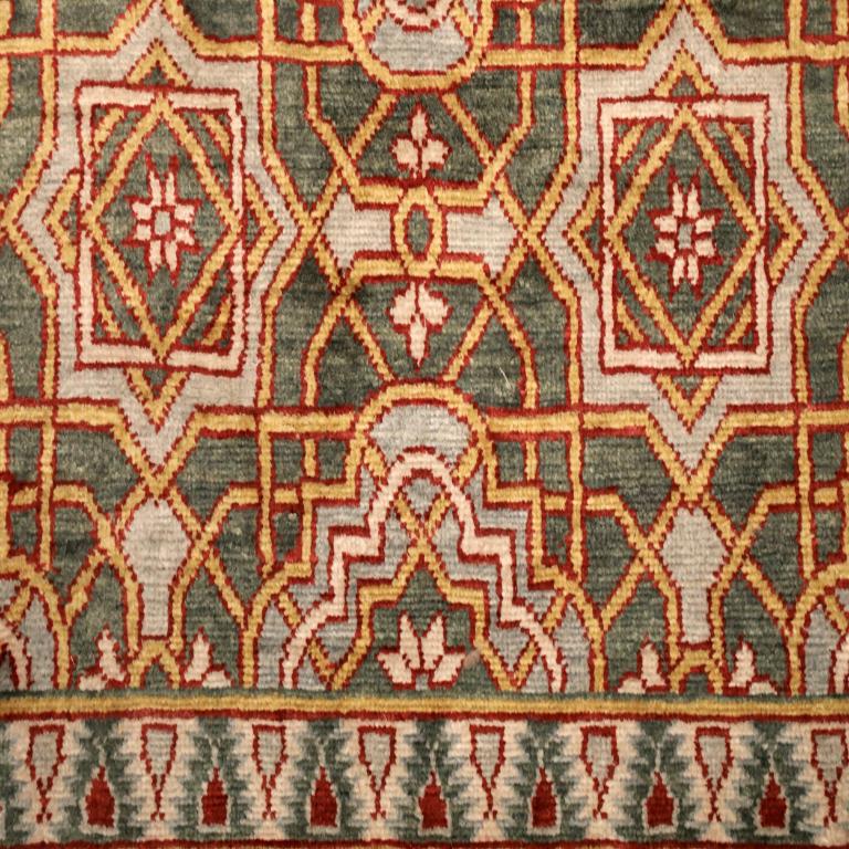 Noué à la main Tapis Ikat indiens - Design en laine bleu vert ivoire - 94114 en vente