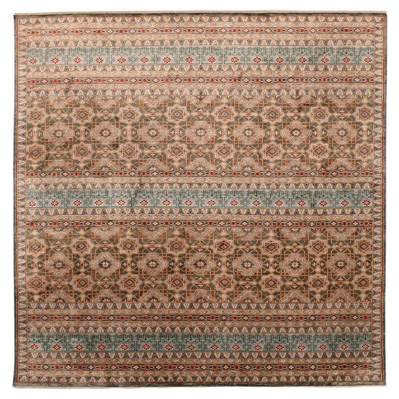 Tapis Ikat indiens - Design en laine bleu vert ivoire - 94114