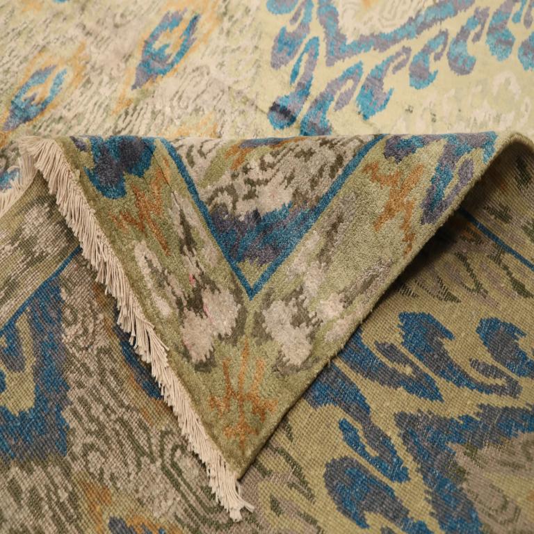 Indische Ikat-Teppiche - Wolle Blau Grün Elfenbein Orange Design - 96234 (Handgewebt) im Angebot