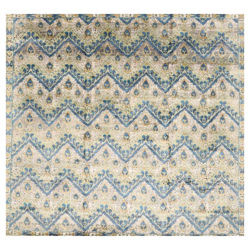 Tapis Ikat indiens en laine bleu vert ivoire orange - 96234