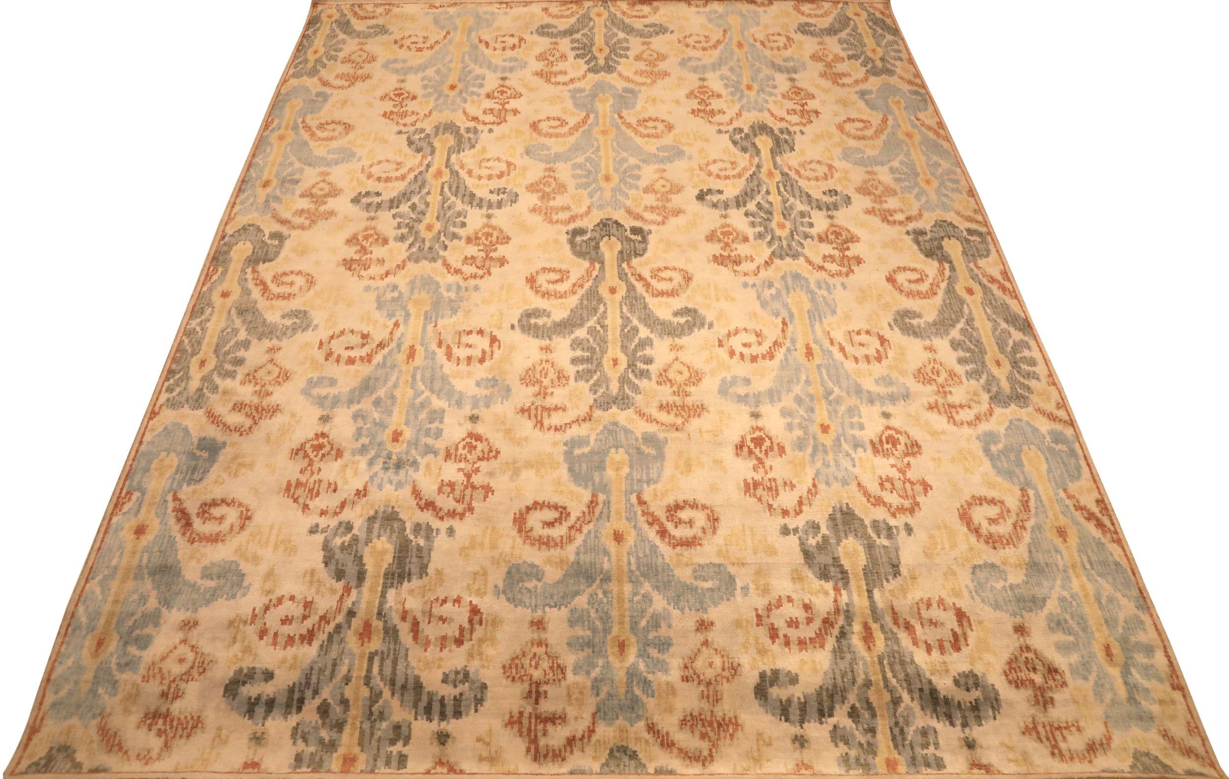 Entdecken Sie die Eleganz von India Ikat mit Teppichen aus der Zeit um 1990. Dieses exklusive Design aus Wolle und Blau-Elfenbein-Rot ist perfekt, um Ihren Raum zu verschönern.