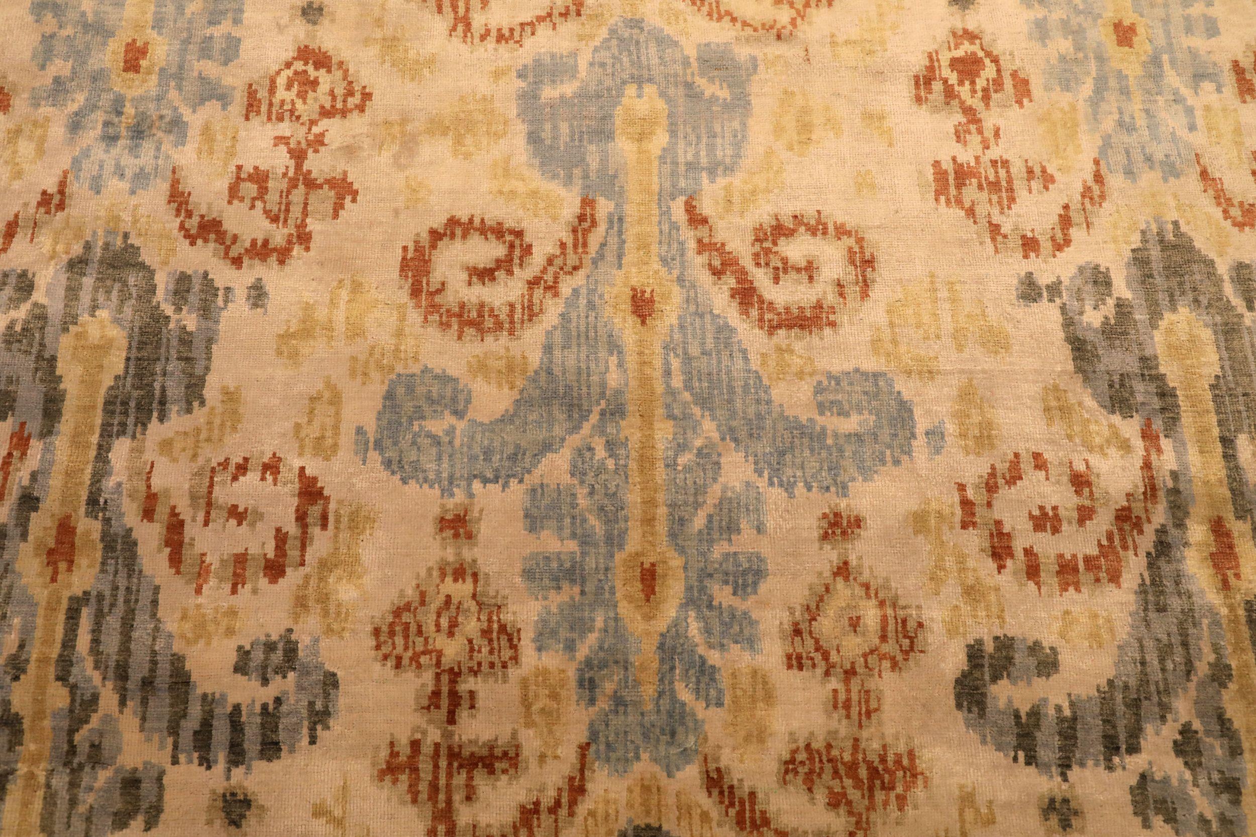 Indische Ikat-Teppiche - Wolle Blau Elfenbein Rot Design - 94107 (20. Jahrhundert) im Angebot