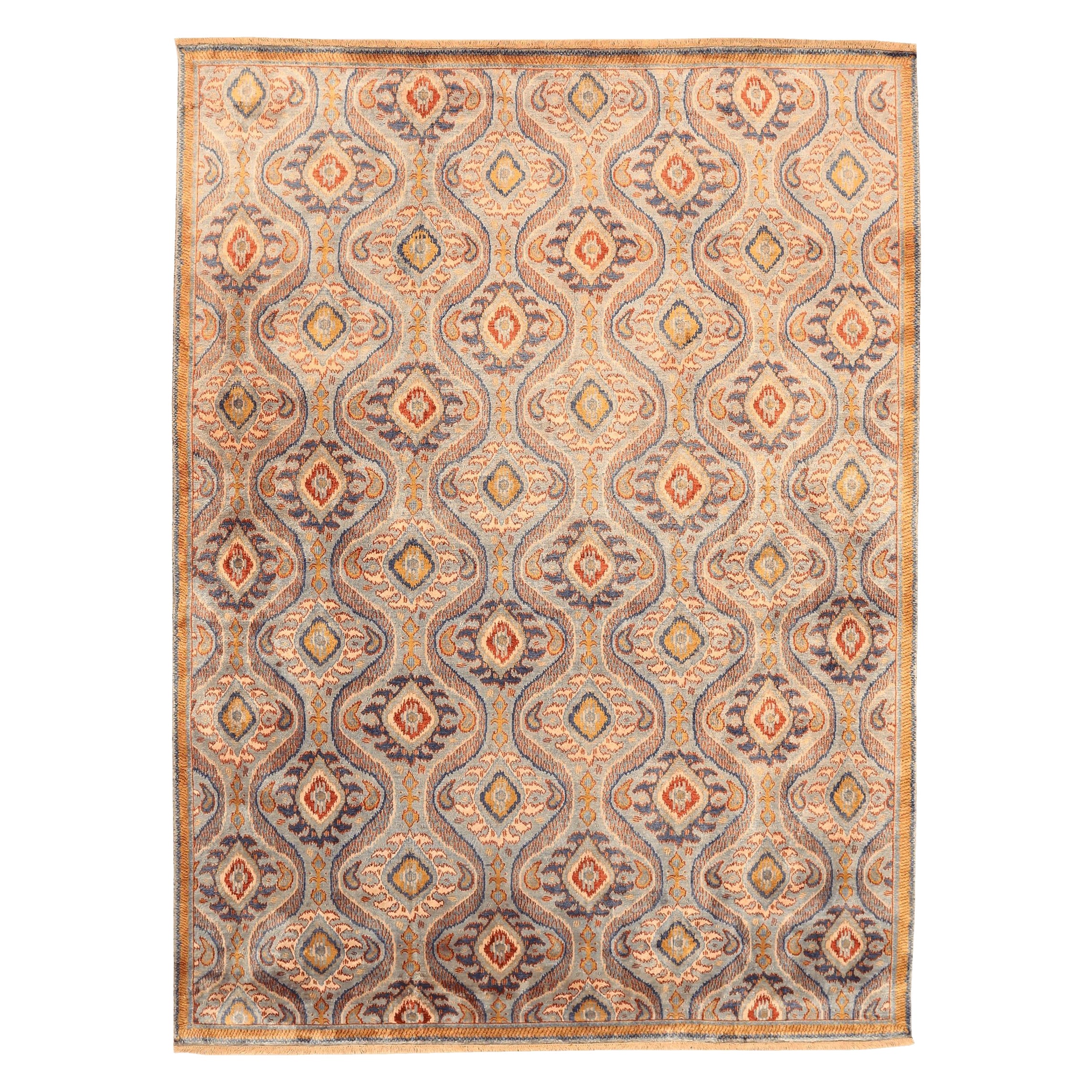 Tapis Ikat indiens en laine bleu ivoire rouge motif - 94121