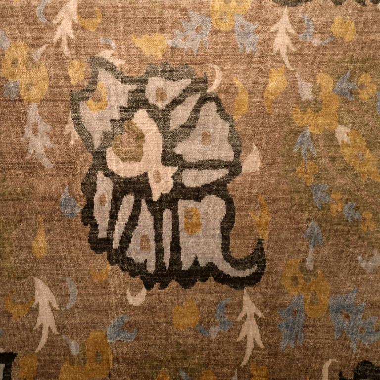 Indiano Tappeti India Ikat - Lana Marrone Avorio Disegno Giallo - 94116 in vendita