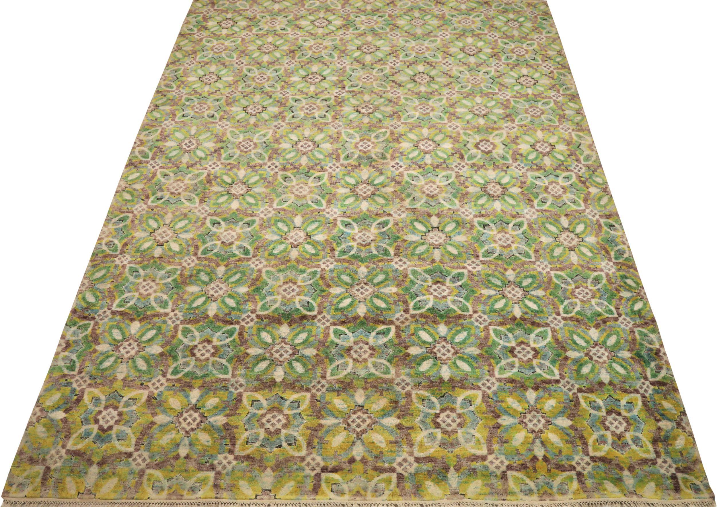 Découvrez l'élégance de l'Ikat de l'Inde avec les tapis de zone de Circa 1990. Conçu avec de la laine et du vert-jaune-ivoire, ce design exclusif est parfait pour mettre en valeur votre espace.