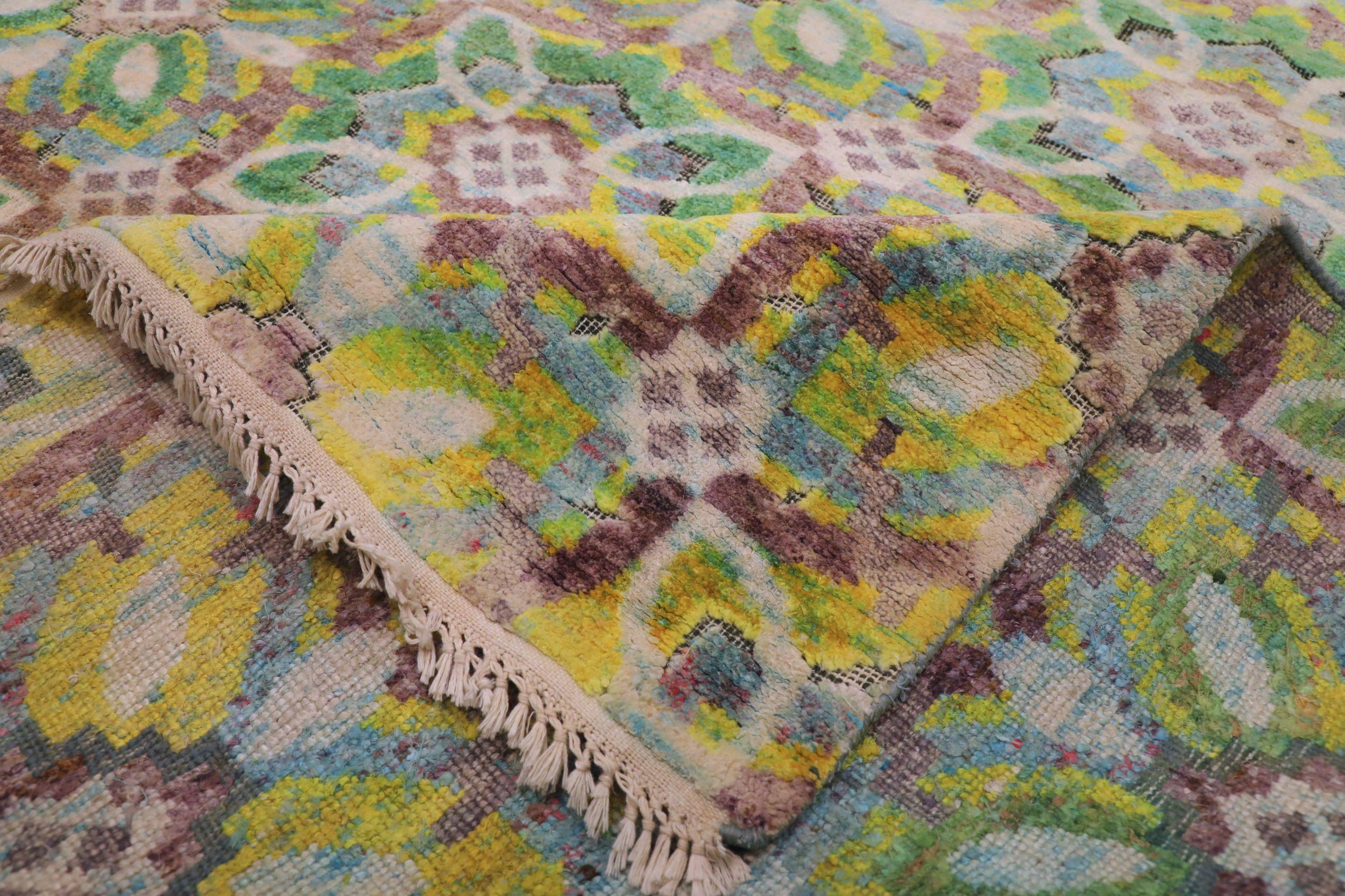 Indien Tapis Ikat indiens en laine vert ivoire jaune - 94168 en vente
