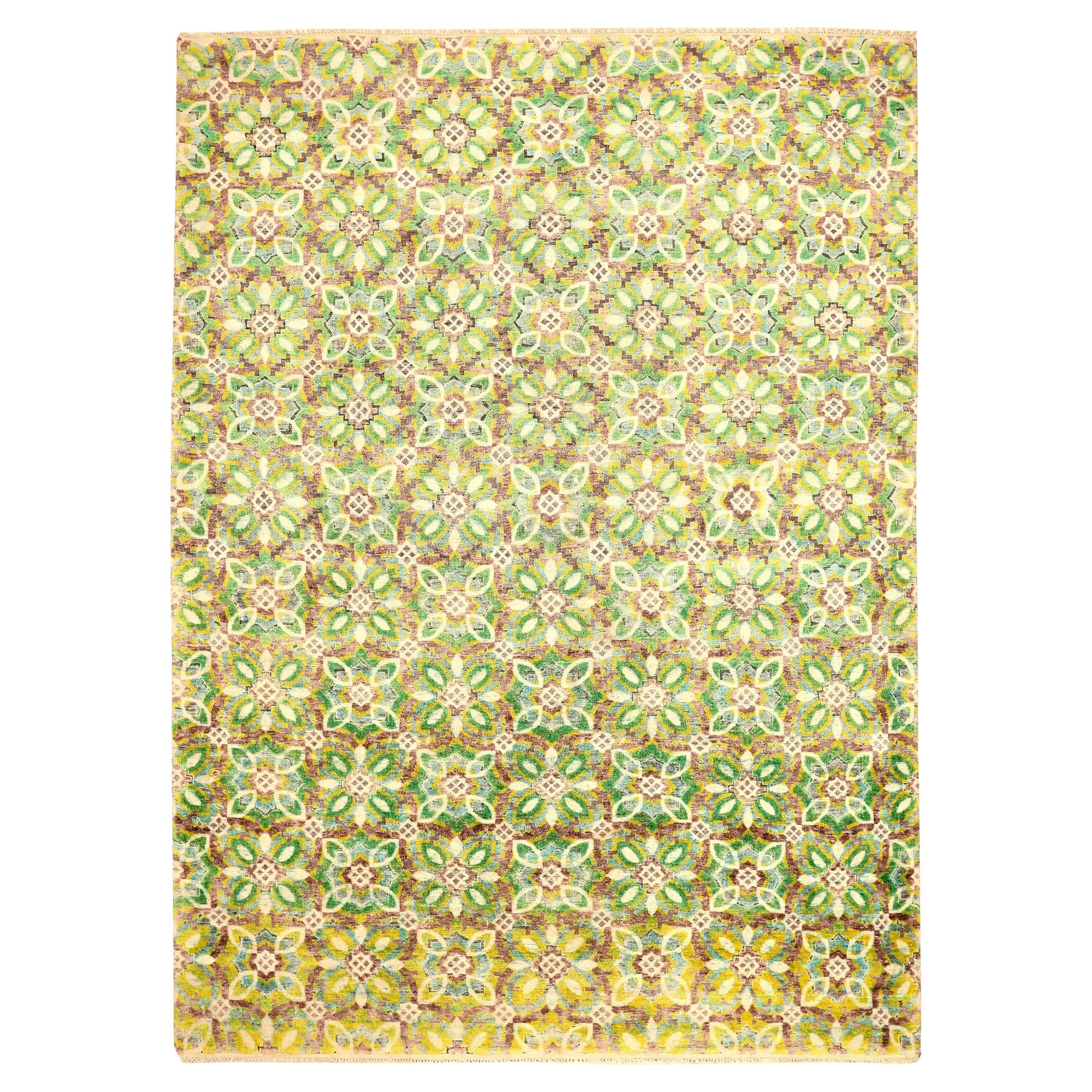 Tapis Ikat indiens en laine vert ivoire jaune - 94168