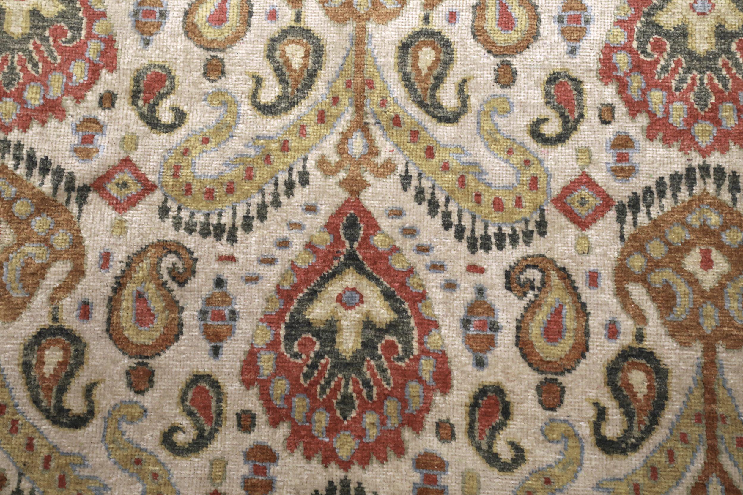 Indien Ikat Bereich Teppiche - Wolle Elfenbein Rot Gelb Design - 94169 (Indisch) im Angebot