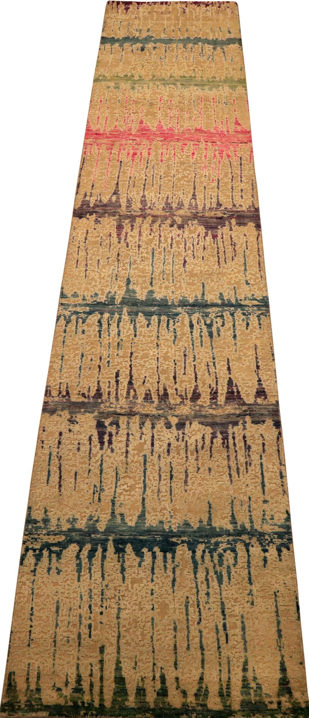 Entdecken Sie die Eleganz von India Ikat mit dem Läufer Circa 1990. Dieses exklusive Design aus Wolle und BlauGrünElfenbeinRosa eignet sich perfekt zur Verschönerung Ihres Raums.