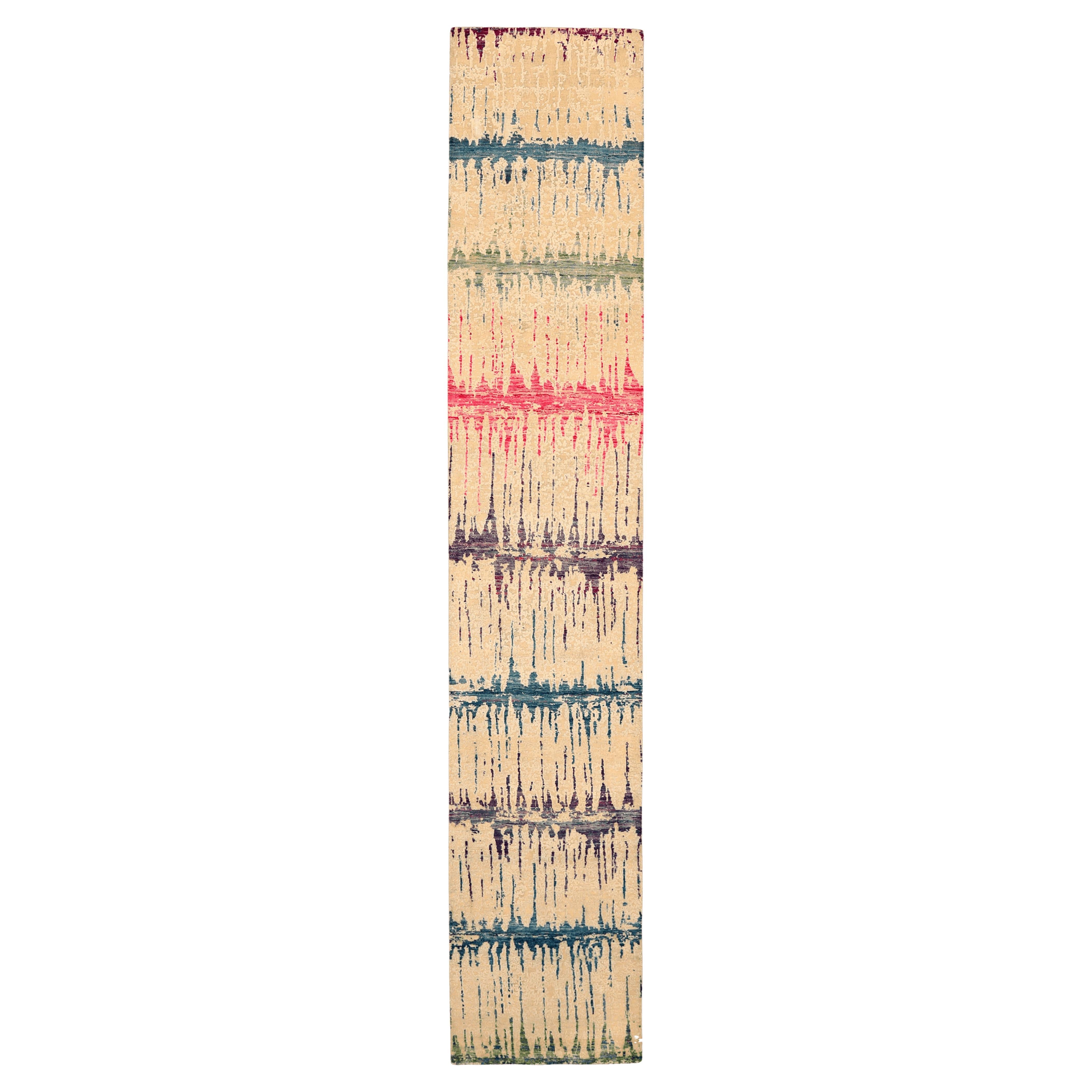 India Ikat-Läufer - Wolle Blau Grün Elfenbein Rosa Design - 94110