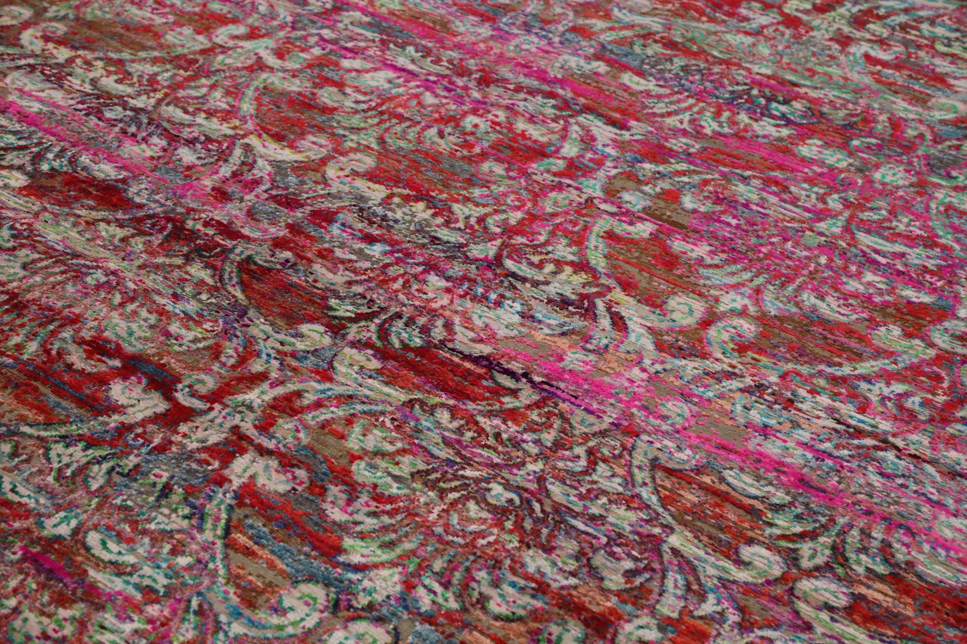 India Teppiche Circa 1990 - Wolle Blau Grün Elfenbein Rosa Rot Design - 93273 (Moderne) im Angebot