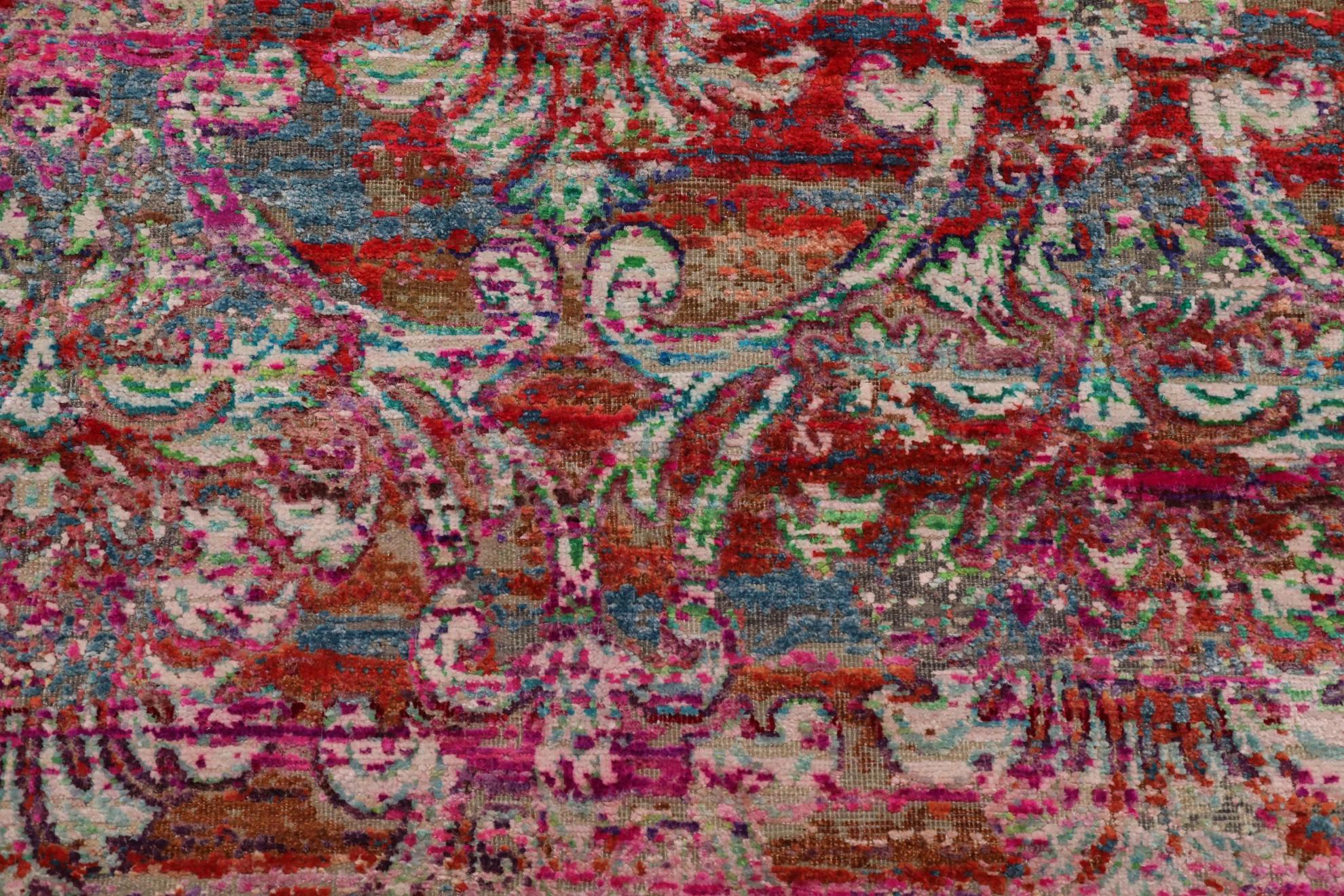 India Teppiche Circa 1990 - Wolle Blau Grün Elfenbein Rosa Rot Design - 93273 im Zustand „Hervorragend“ im Angebot in Dallas, TX