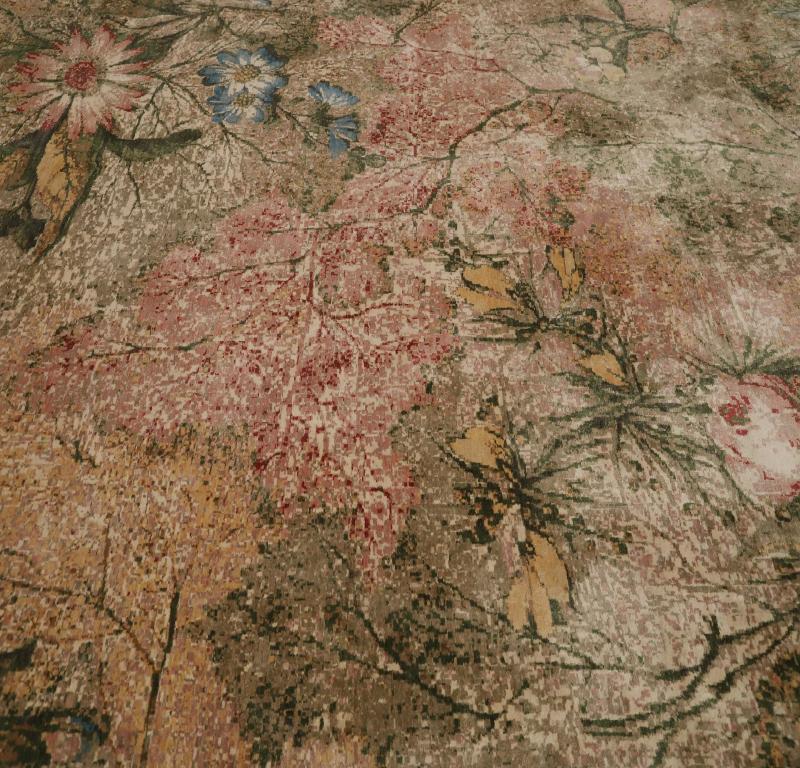 Moderne Tapis d'Inde des années 1990 - Laine bleu vert ivoire rose rouge jaune - 99528 en vente