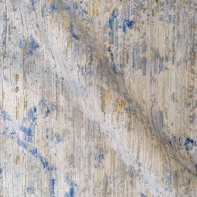 Moderne Tapis de laine bleu ivoire jaune motif indien 93274 en vente