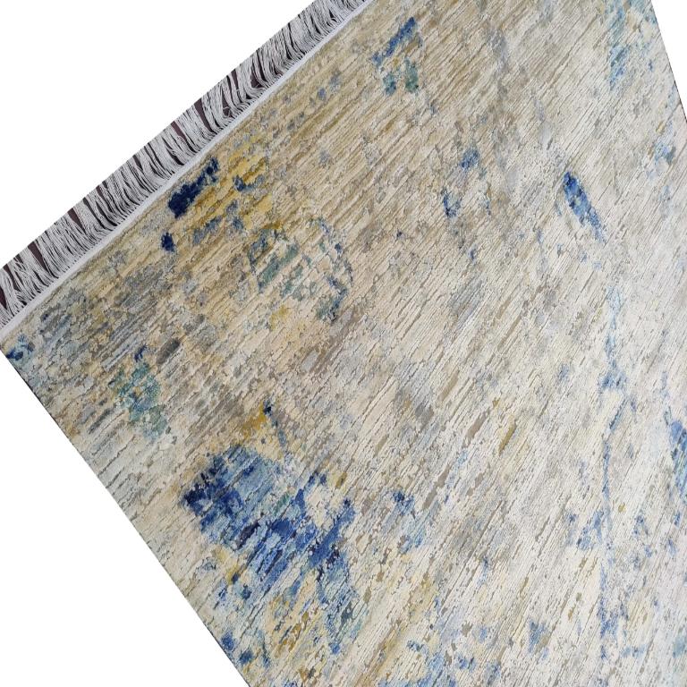 Indien Tapis de laine bleu ivoire jaune motif indien 93274 en vente