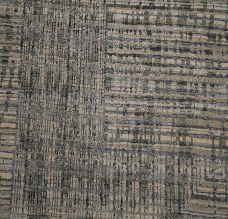 Noué à la main Tapis indiens de laine gris vert ivoire - 93278 en vente