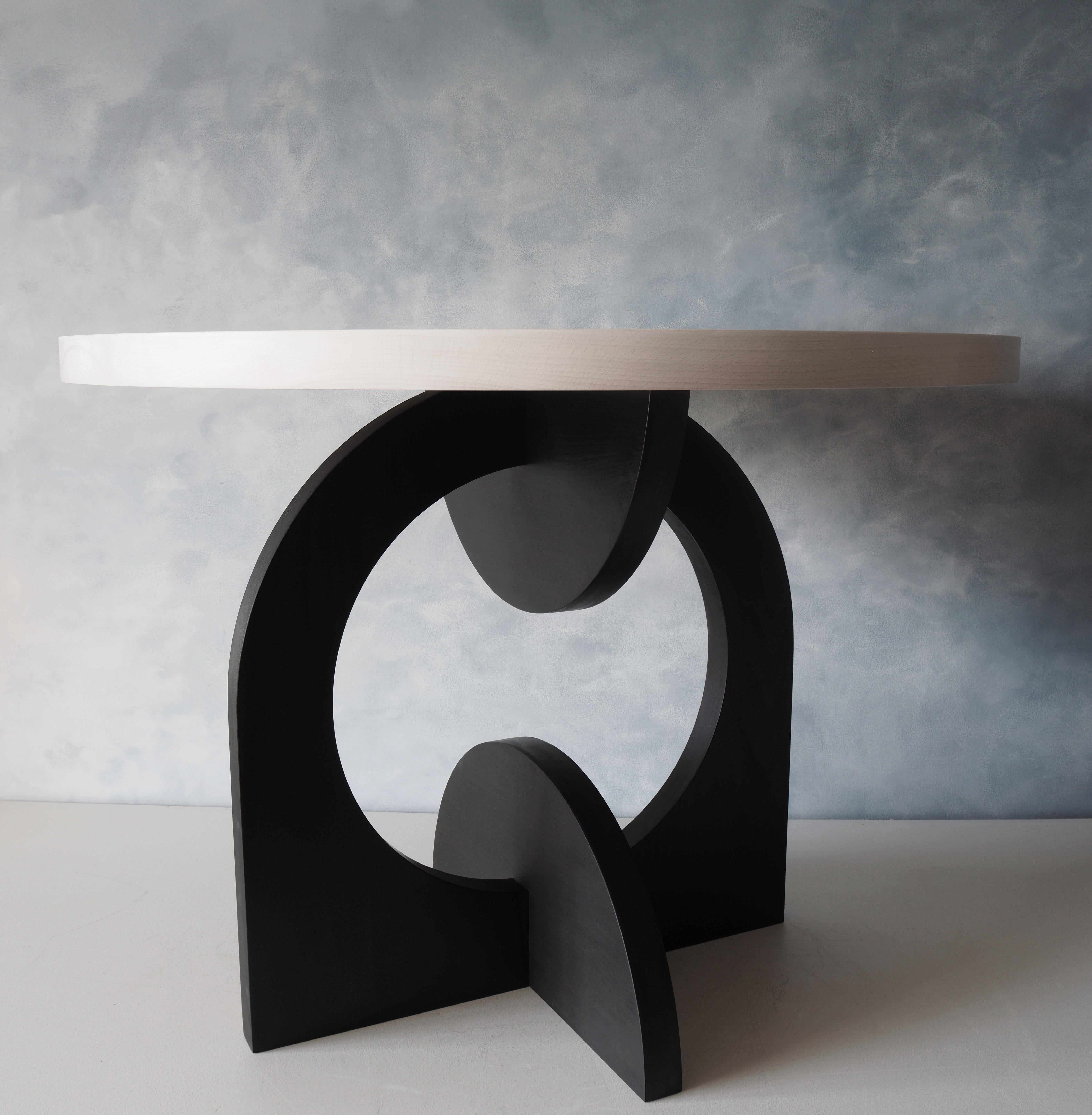 Bleached India Ink and White Round Dual Crescent Table by MSJ Furniture Studio