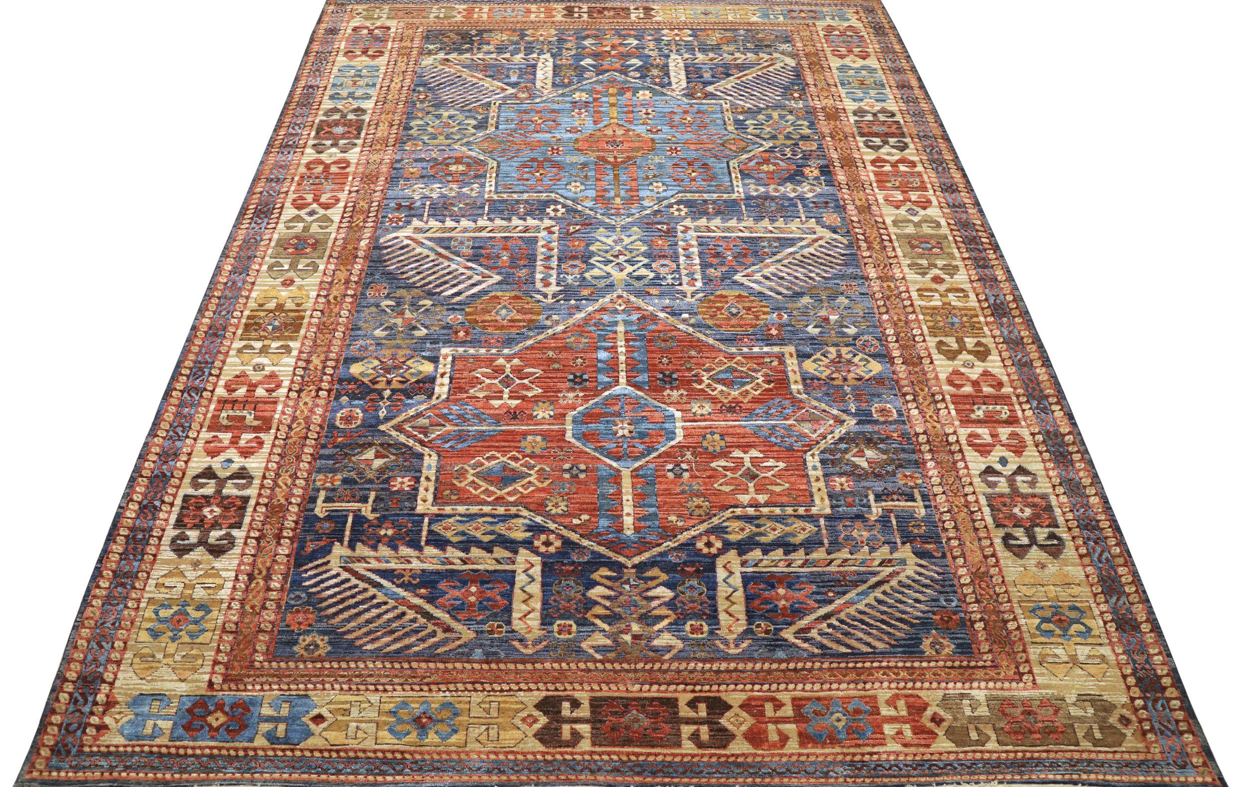 Kazak-Teppiche aus Wolle in Indien in Blau, Elfenbein und Rot mit Design - 94152 (Indisch) im Angebot