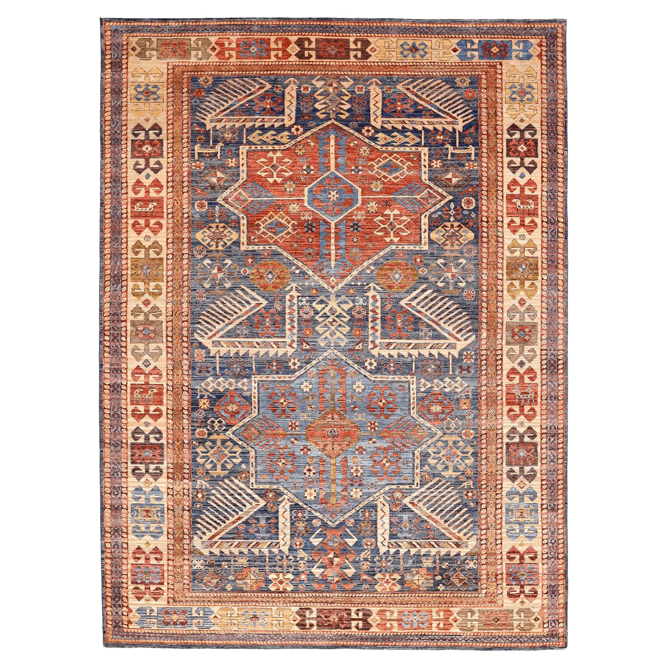 Kazak-Teppiche aus Wolle in Indien in Blau, Elfenbein und Rot mit Design - 94152 im Angebot