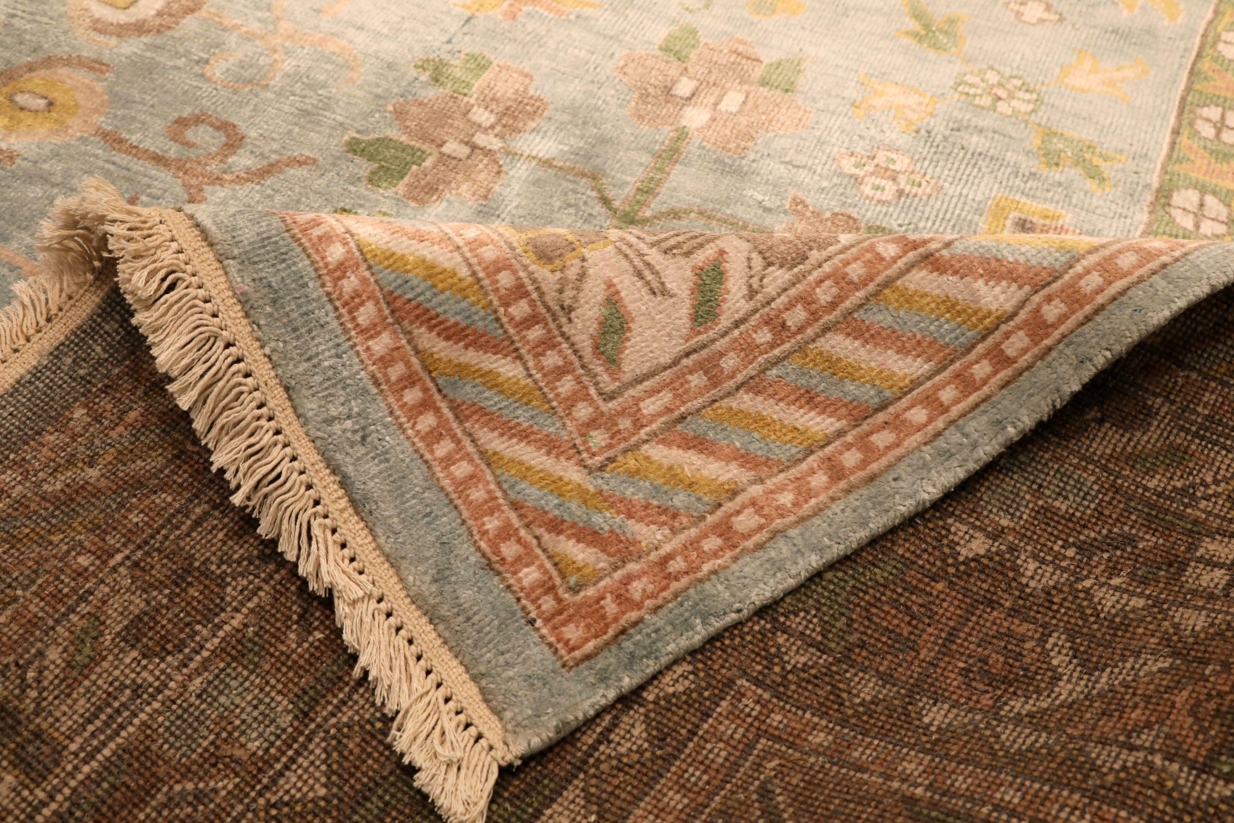 Khotan-Teppiche aus Indien - Wolle in Blau mit Muster - 94115 (Indisch) im Angebot