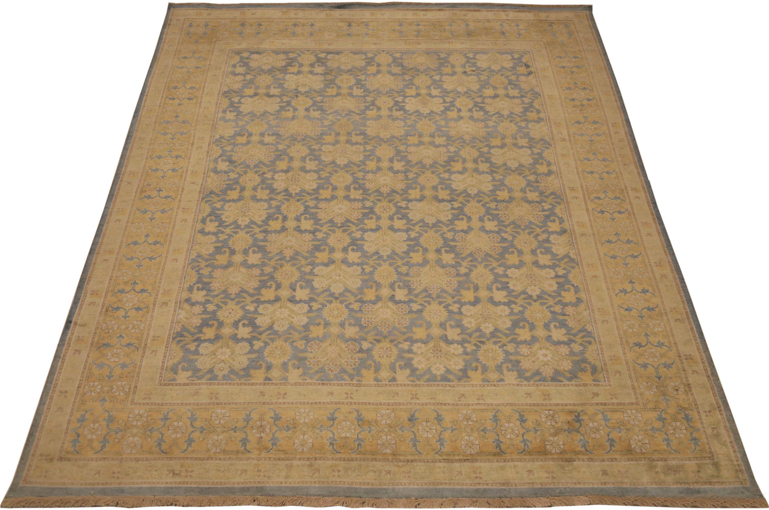 Moderne Tapis Khotan en laine bleu, orange et jaune, 93828 en vente