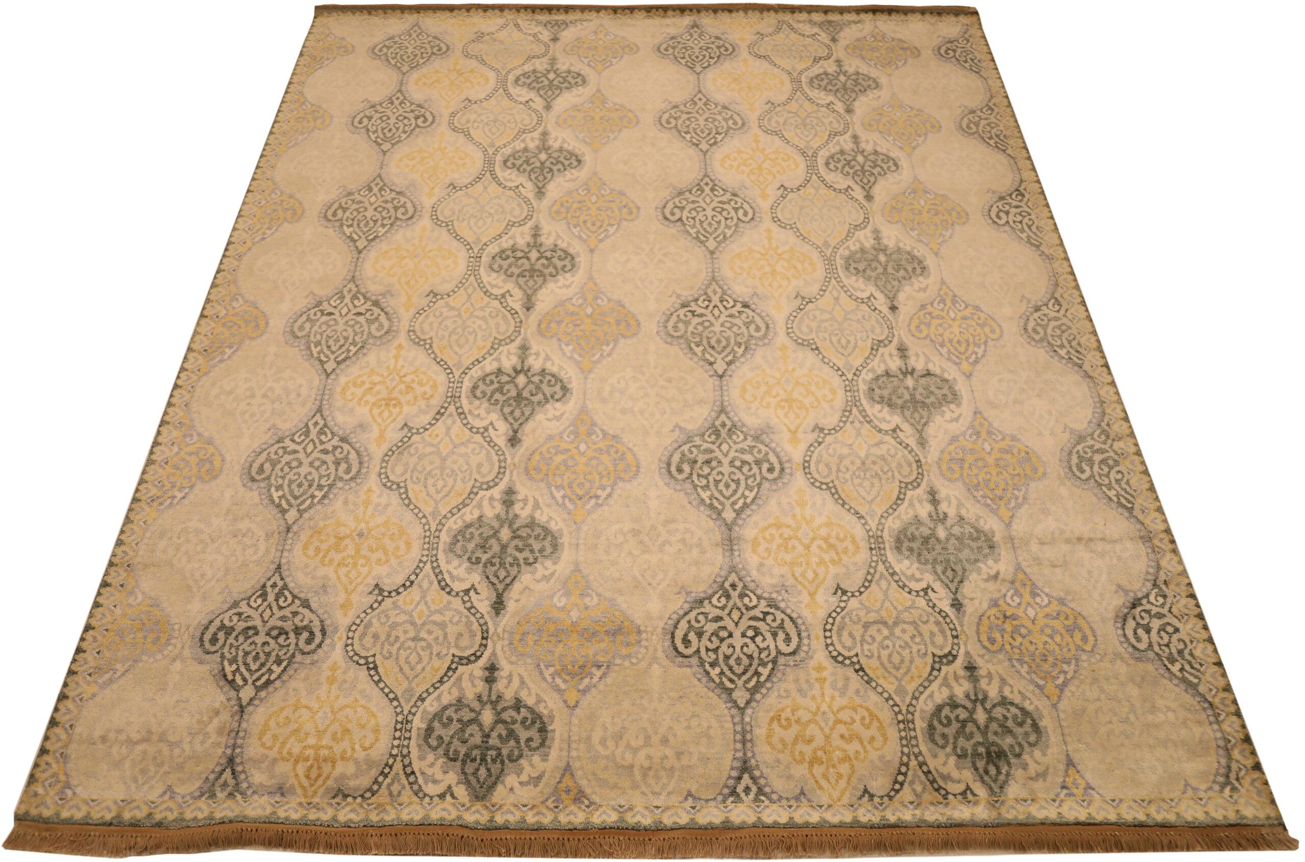 Indien Khotan Bereich Teppiche - Wolle Grau Elfenbein Gelb Design - 93816 (Handgeknüpft) im Angebot