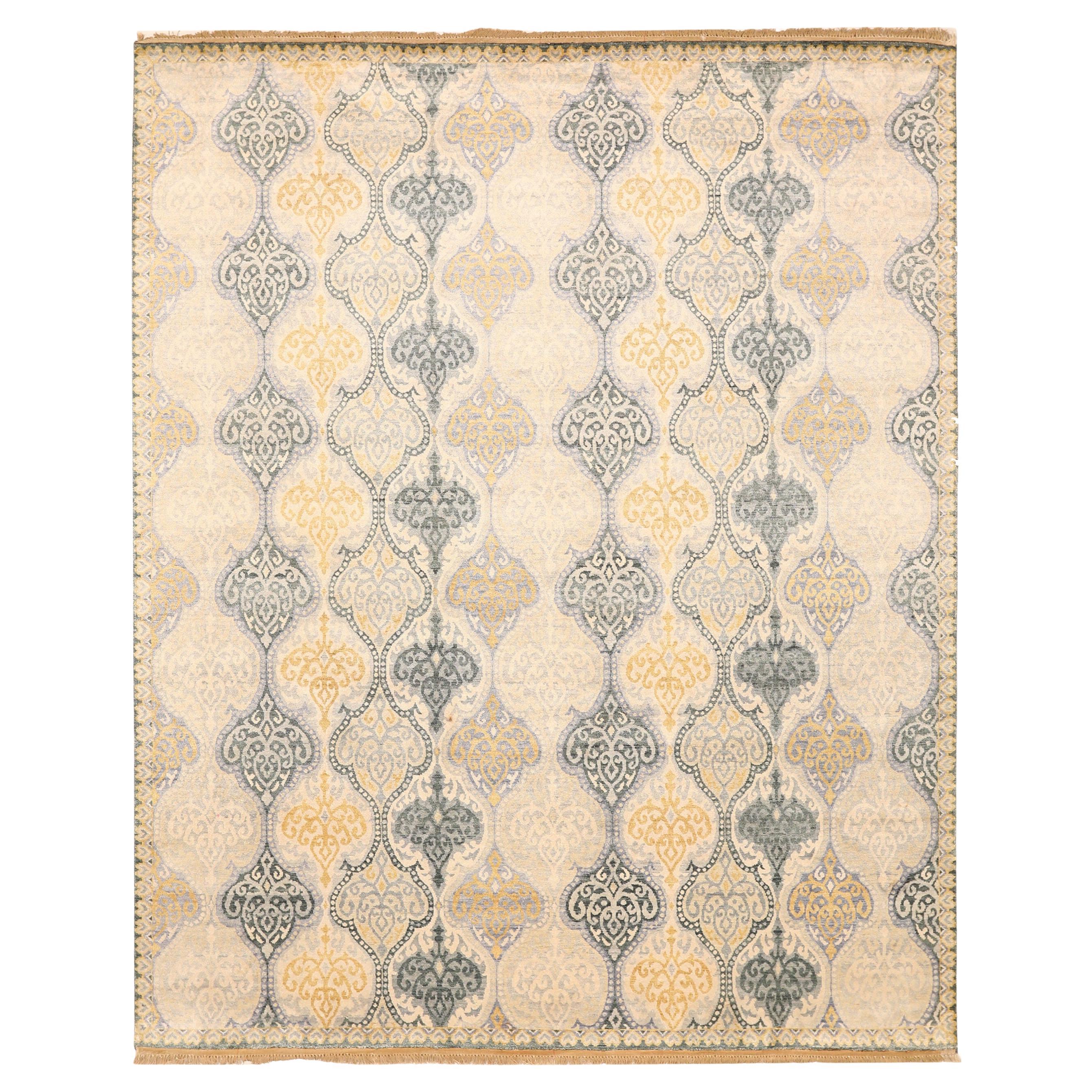 Indien Khotan Bereich Teppiche - Wolle Grau Elfenbein Gelb Design - 93816 im Angebot