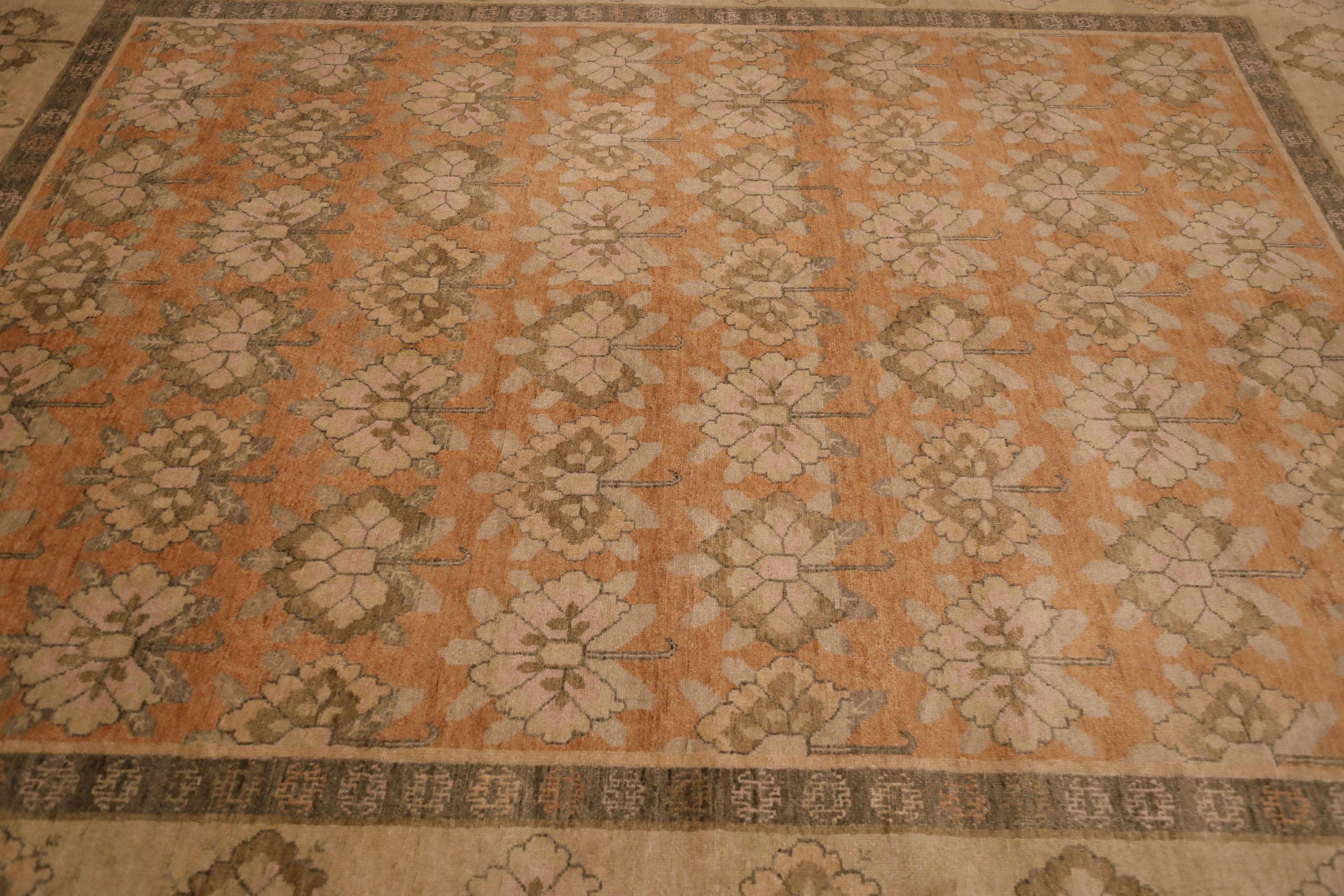 Tapis Khotan indiens en laine ivoire orange jaune - 93814 Excellent état - En vente à Dallas, TX