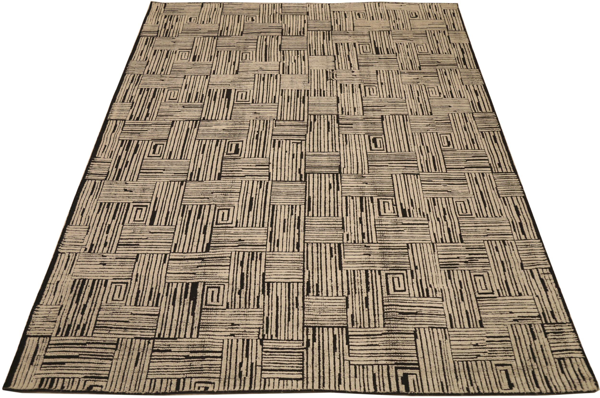 Moderne Rug & Kilim Inde - Laine Noir et blanc Brown Ivoire - 93837 en vente