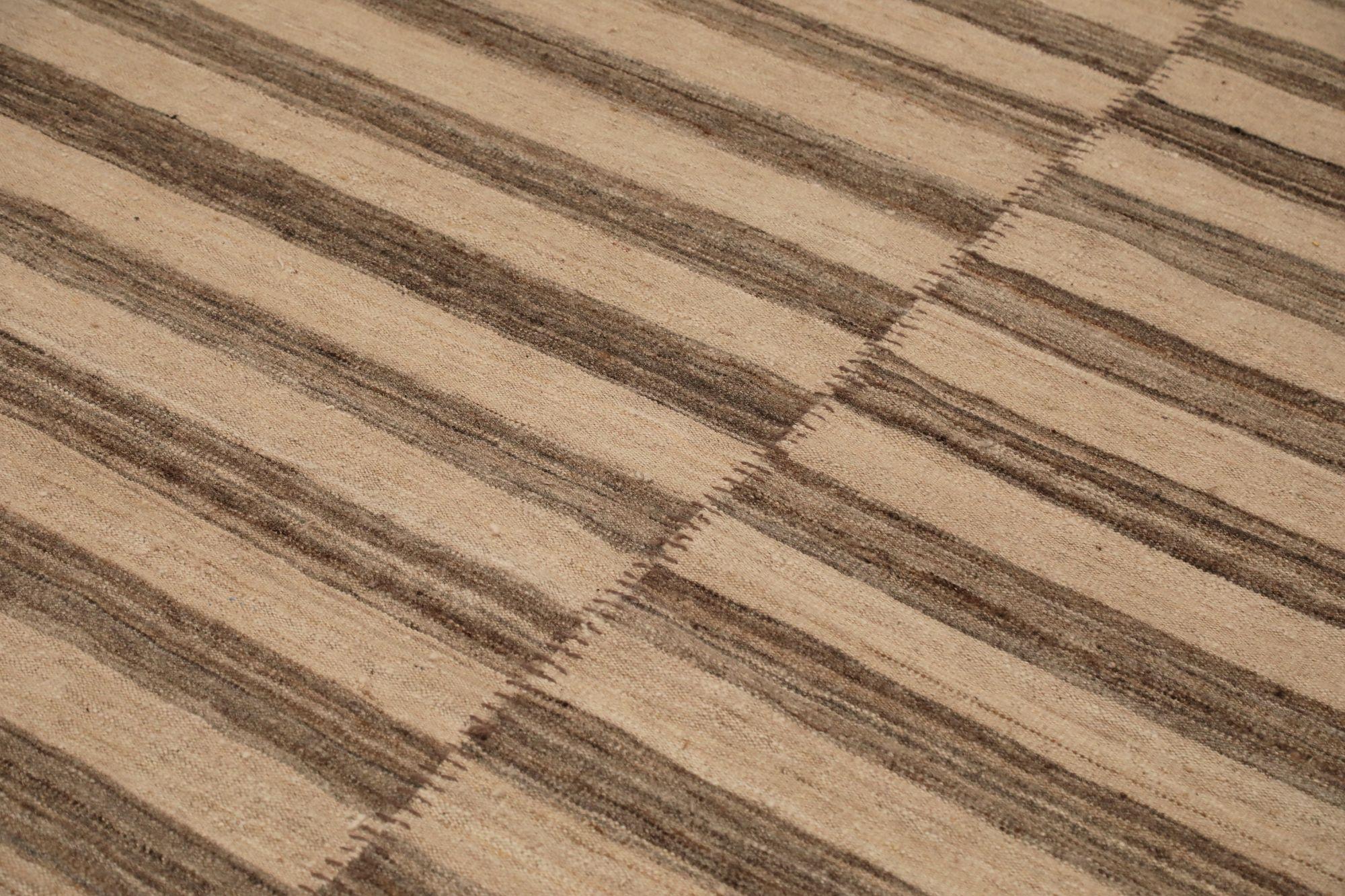 Moderno Tappeto India Kilim Small - Lana Marrone Avorio Design - 96643 in vendita