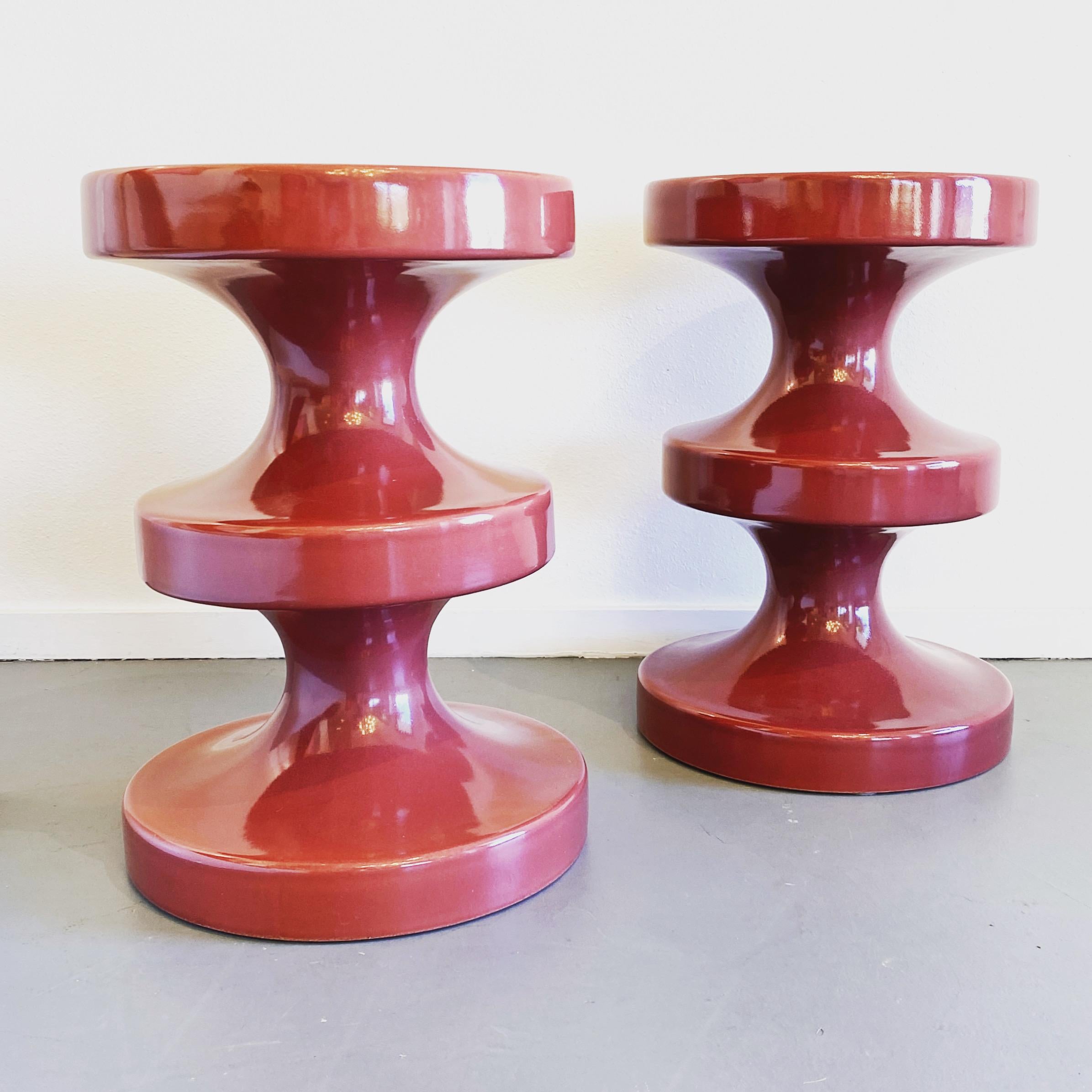 India Mahdavi France Pair Bishop Stools or Side Tables in what appears to be her Margaux color (please see photos for actual color). 1999 Design.

Each Stool measures approximately 23.6