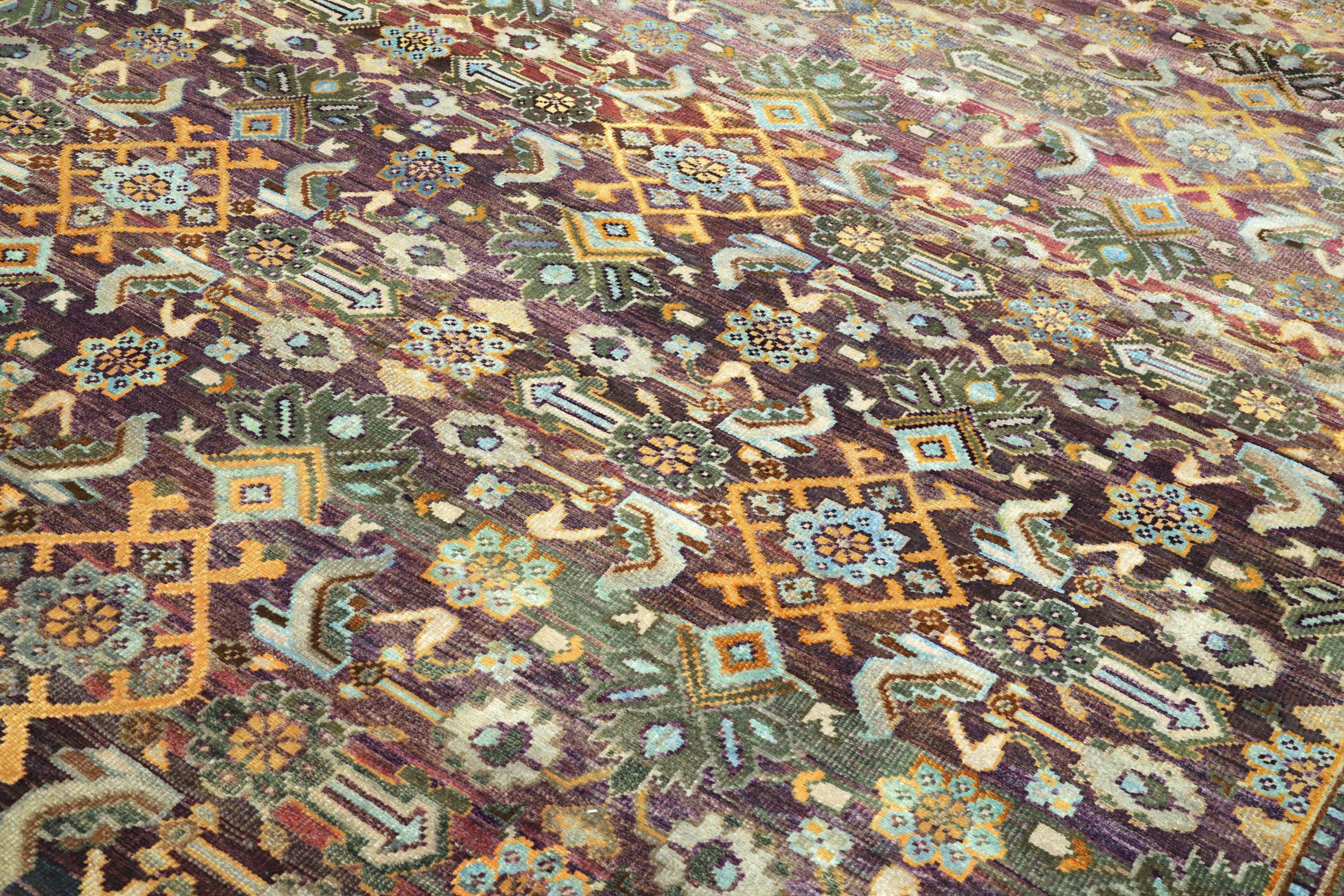 Moderne Tapis Malayer Inde, motif en laine orange rouge jaune - 94132 en vente