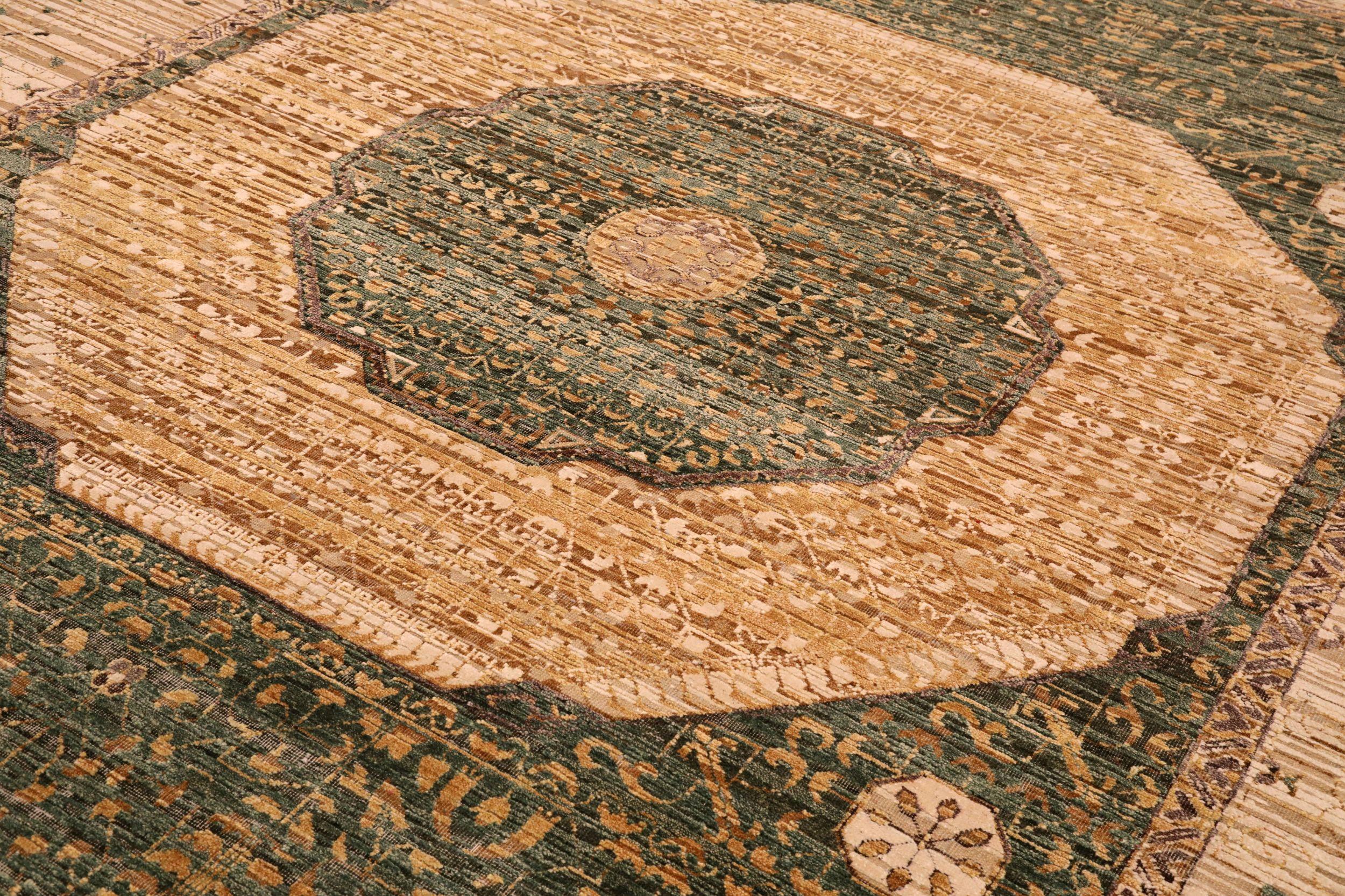 Moderne Tapis Mamluk indiens - Design en laine vert ivoire jaune - 94101 en vente