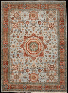 Tapis Mamluk indiens - Laine bleu clair et rouge motif - 96552