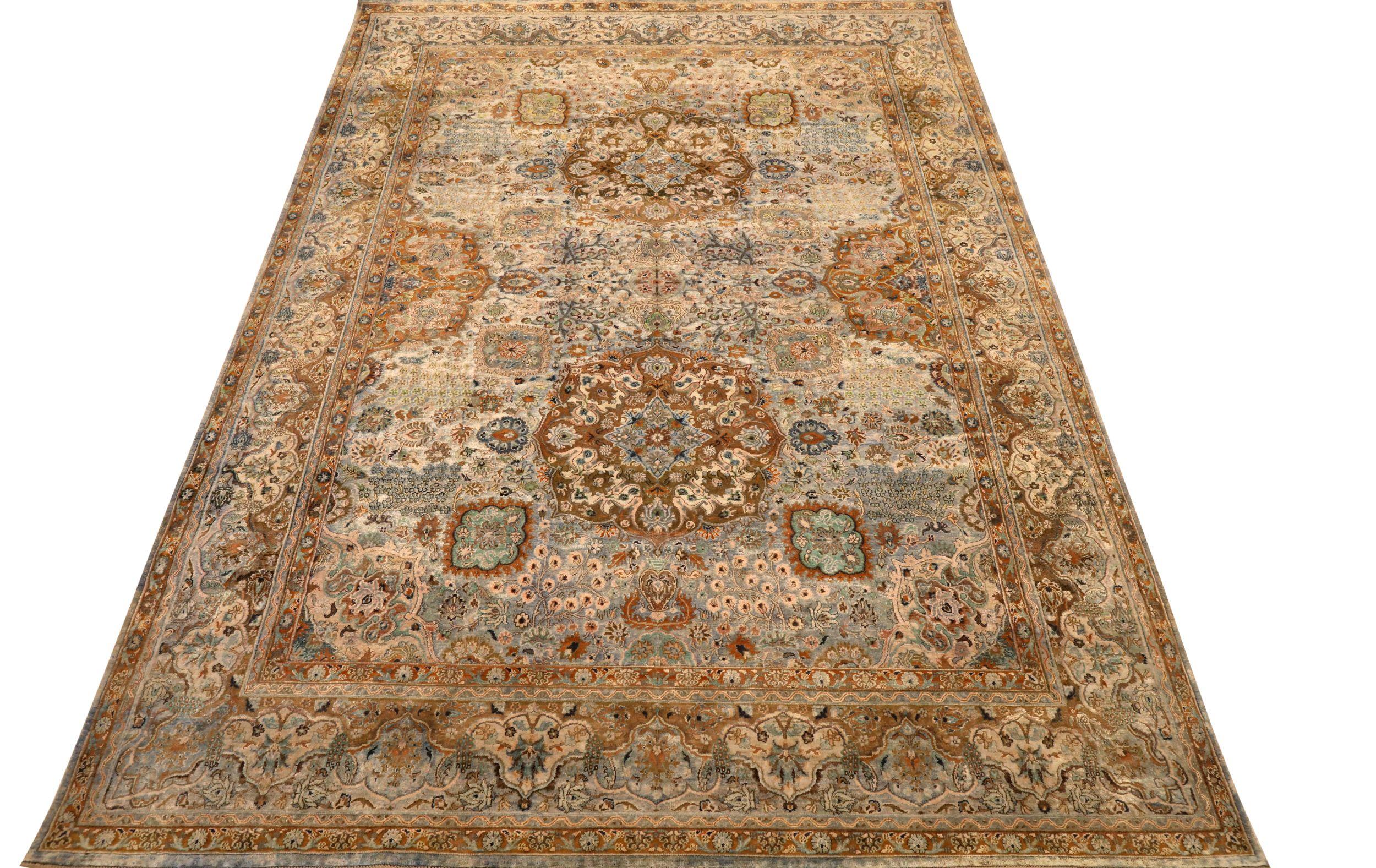A Faded Kingdom: The Modern Elegance of a Persian Mashad Style Rug
This magnificent area rug is a masterpiece of contemporary design, a piece that whispers tales of the royal courts of ancient Persia. It is a stunning, modern reinterpretation of the