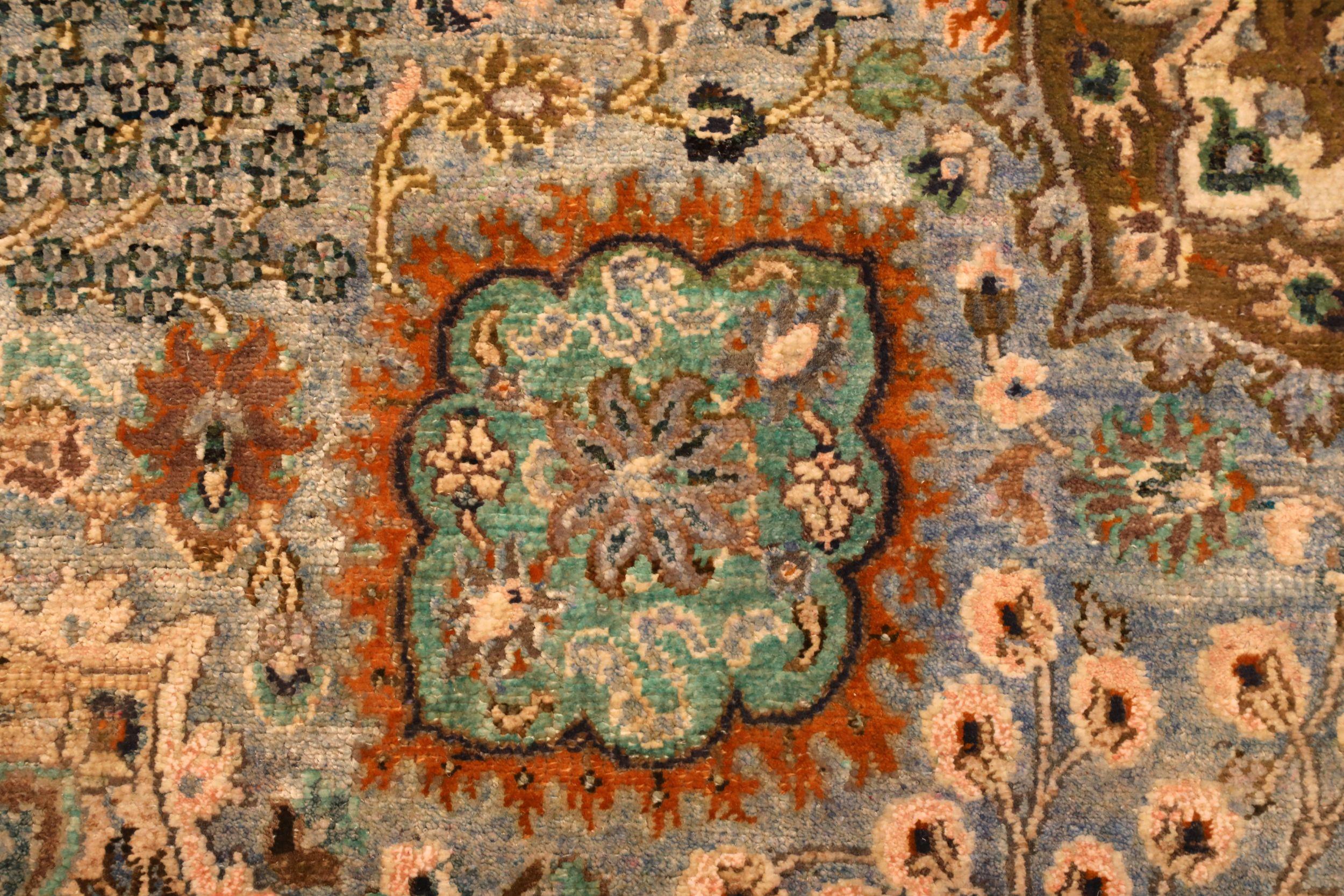 Indian India Mashad Area Rugs - Wool Blue Ivory Orange Design - 94096 For Sale