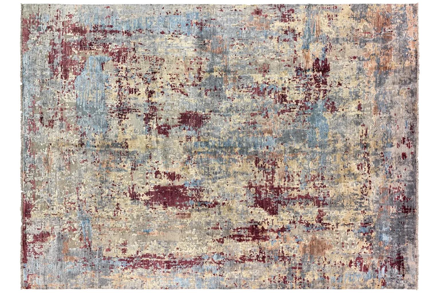 Moderne Tapis de sol moderne India - Ivoire Bleu Rouge en vente