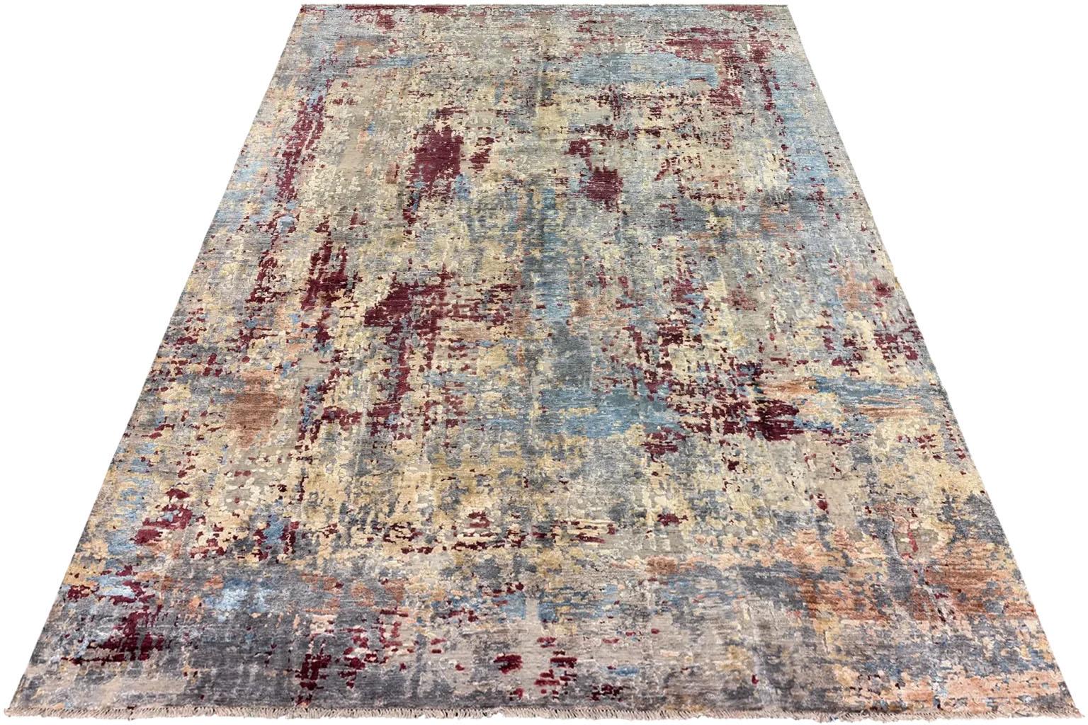 Indien Tapis de sol moderne India - Ivoire Bleu Rouge en vente