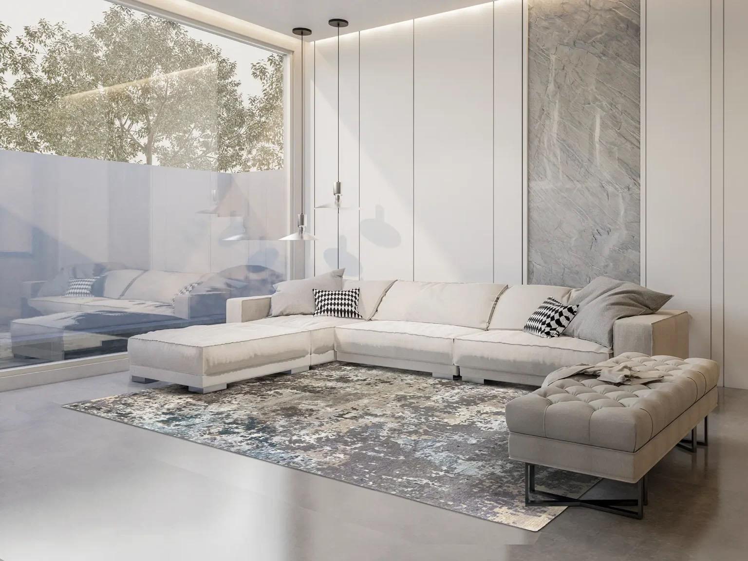 Une toile abstraite : Le tapis moderne à l'aspect vieilli de l'Inde
Transformez votre espace de vie en une galerie d'art contemporain avec ce magnifique tapis moderne de l'Inde. Ce tapis est un véritable chef-d'œuvre de texture et de tonalité,