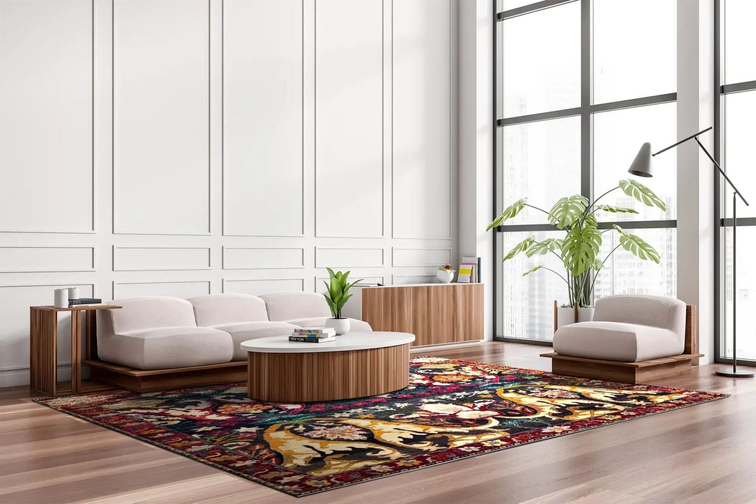 Découvrez l'élégance de l'Inde moderne avec les tapis de zone de Circa 1990. Conçu avec de la laine et du BlackIvoryOrangeRed, ce design exclusif est parfait pour mettre en valeur votre espace.
