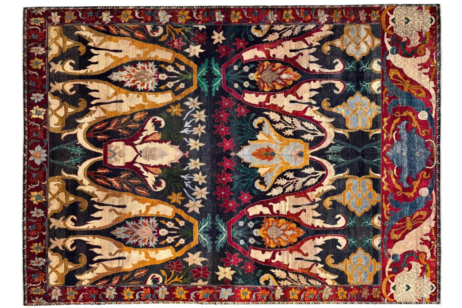 Moderne Tapis de sol The Modernity - Laine Noir Ivoire Orange Rouge Design - 94040 en vente