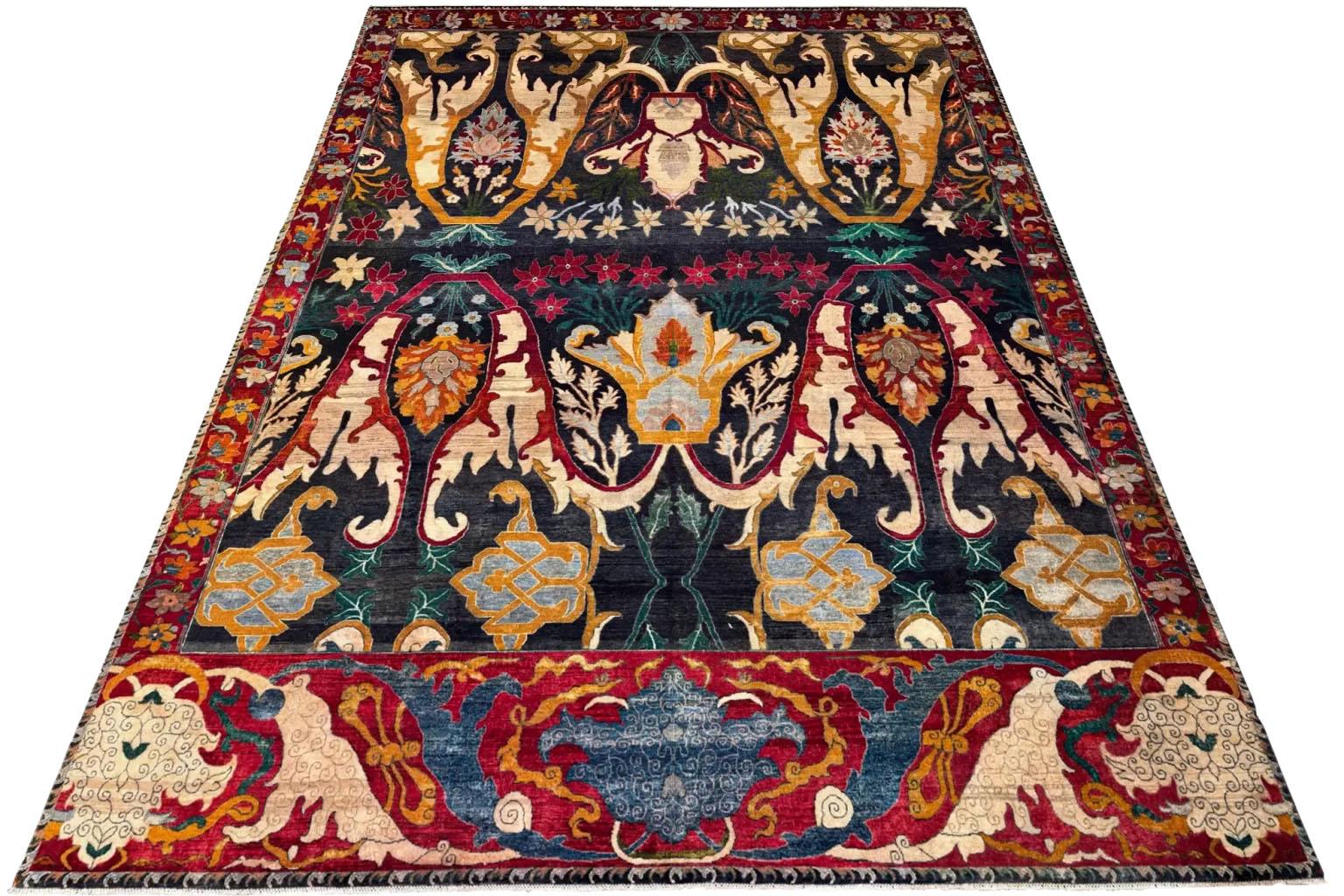 Indien Tapis de sol The Modernity - Laine Noir Ivoire Orange Rouge Design - 94040 en vente