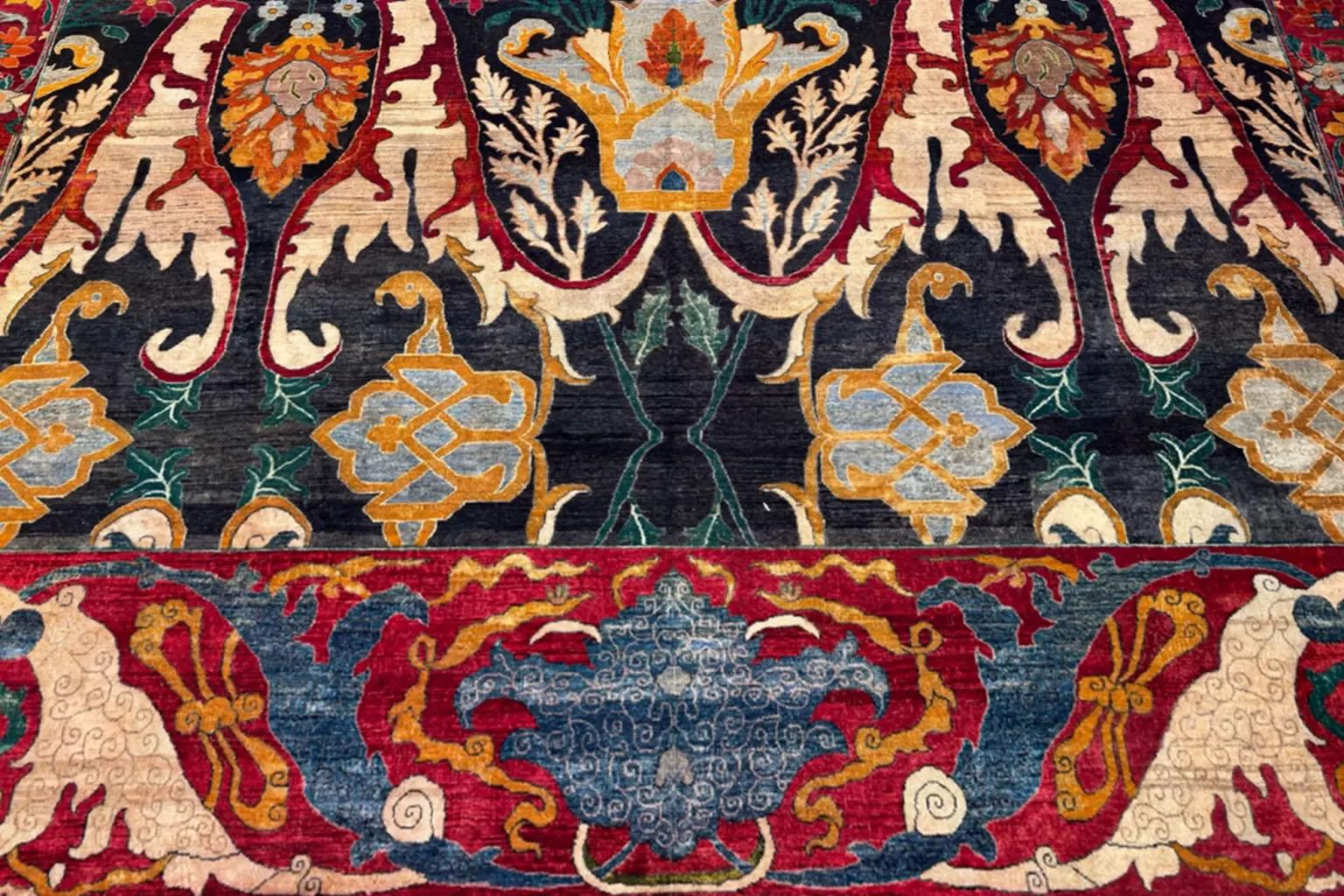 Noué à la main Tapis de sol The Modernity - Laine Noir Ivoire Orange Rouge Design - 94040 en vente