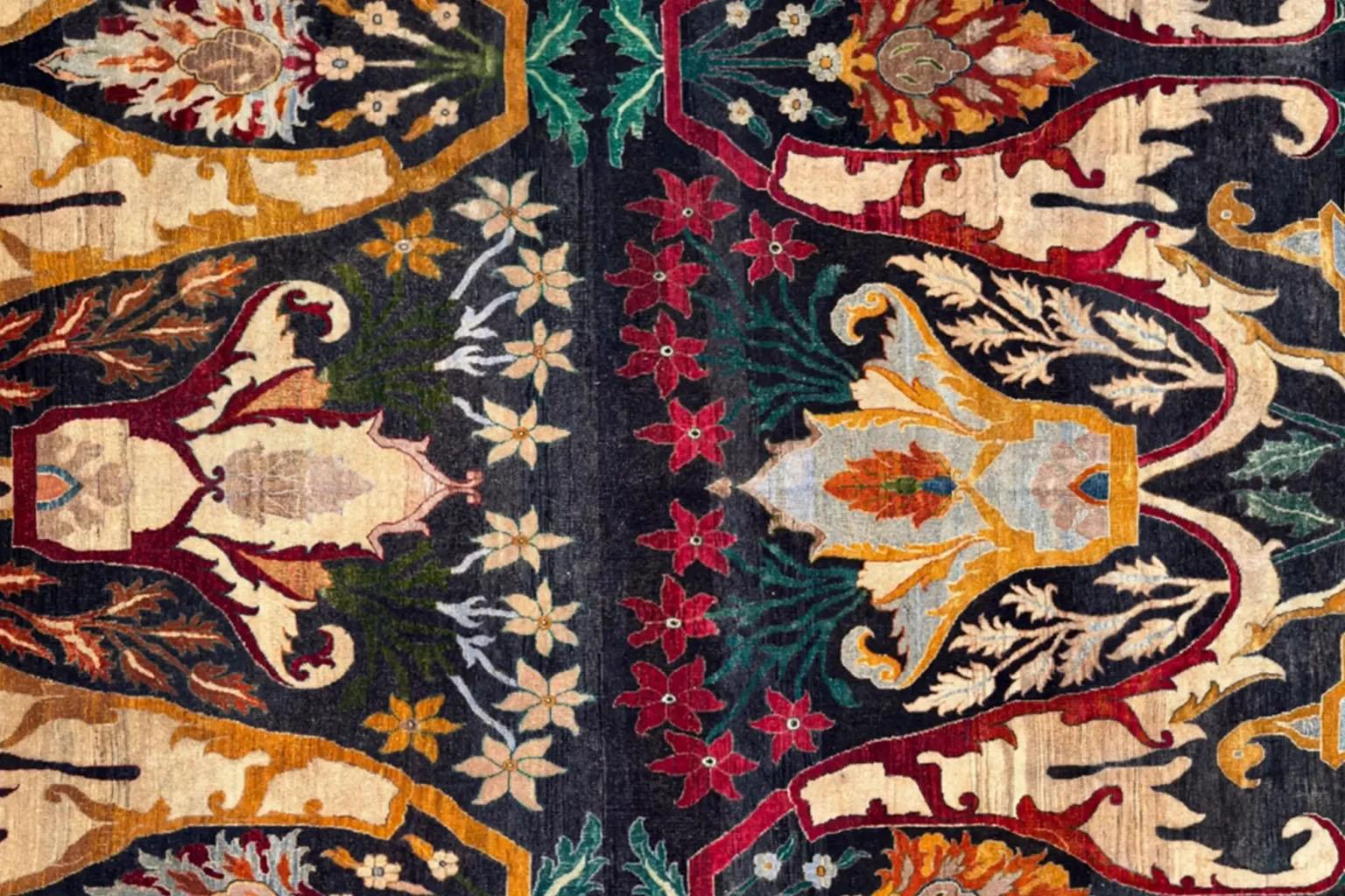 20ième siècle Tapis de sol The Modernity - Laine Noir Ivoire Orange Rouge Design - 94040 en vente
