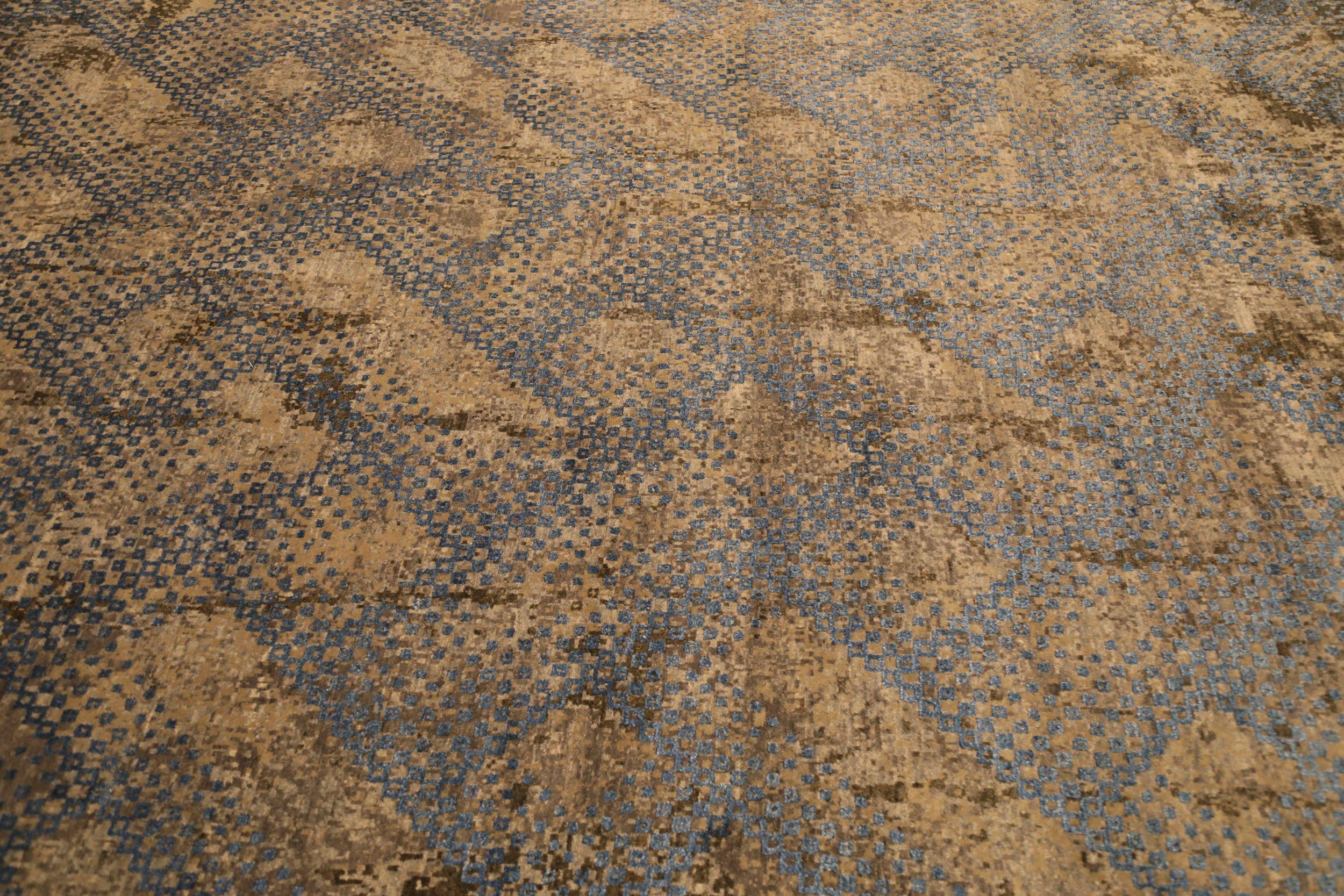 Noué à la main Tapis de sol The Modernity - Laine et soie Bleu Brown Ivoire Taupe - 93826 en vente