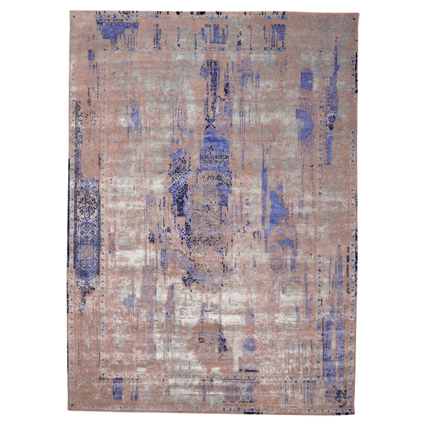 Tappeti India Moderni - Lana e Seta Blu Rosa Grigio/Argento - 96556 in vendita