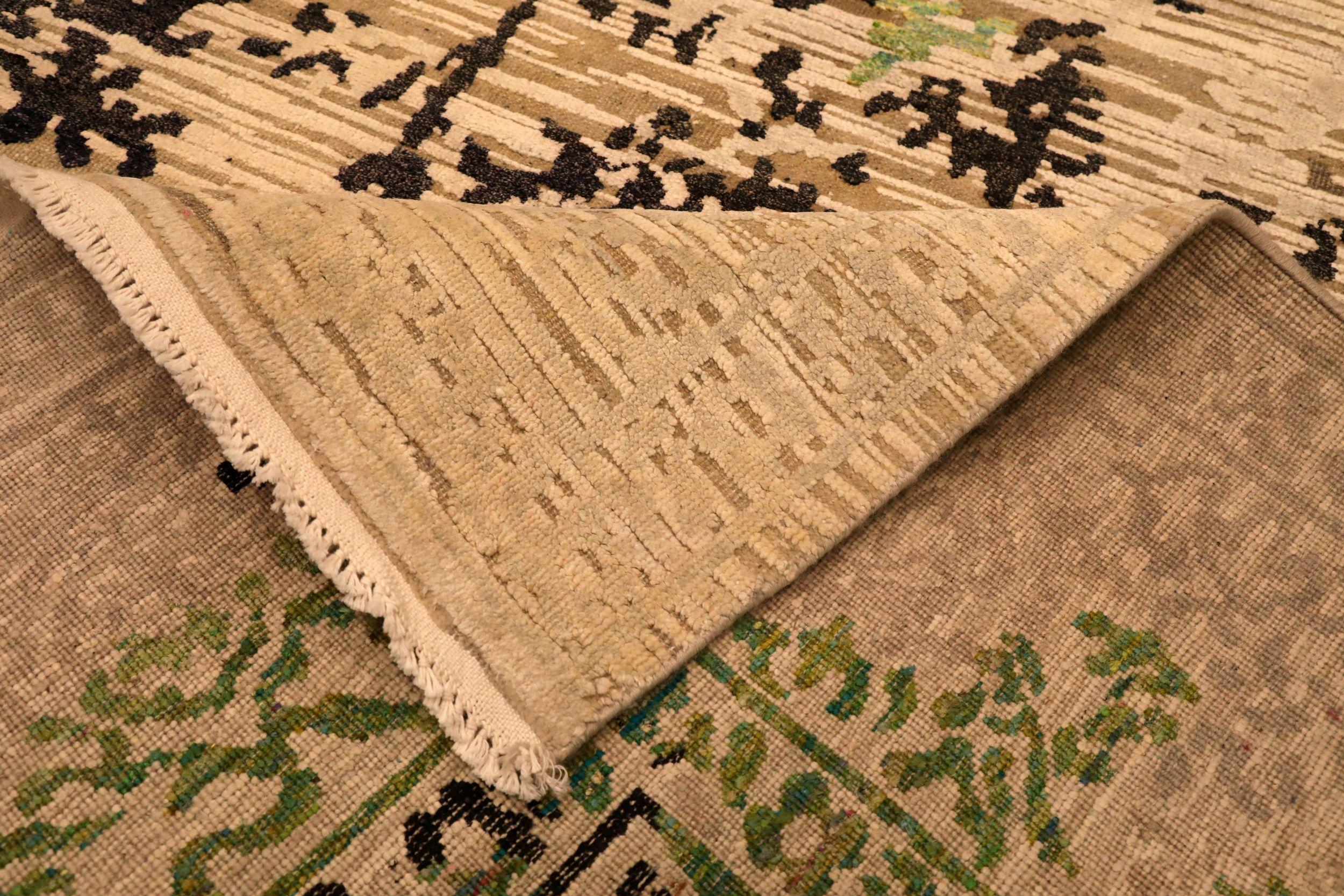 Indien Tapis de zone moderne de l'Inde - Laine Noir Vert Design Ivoire - 94104 en vente