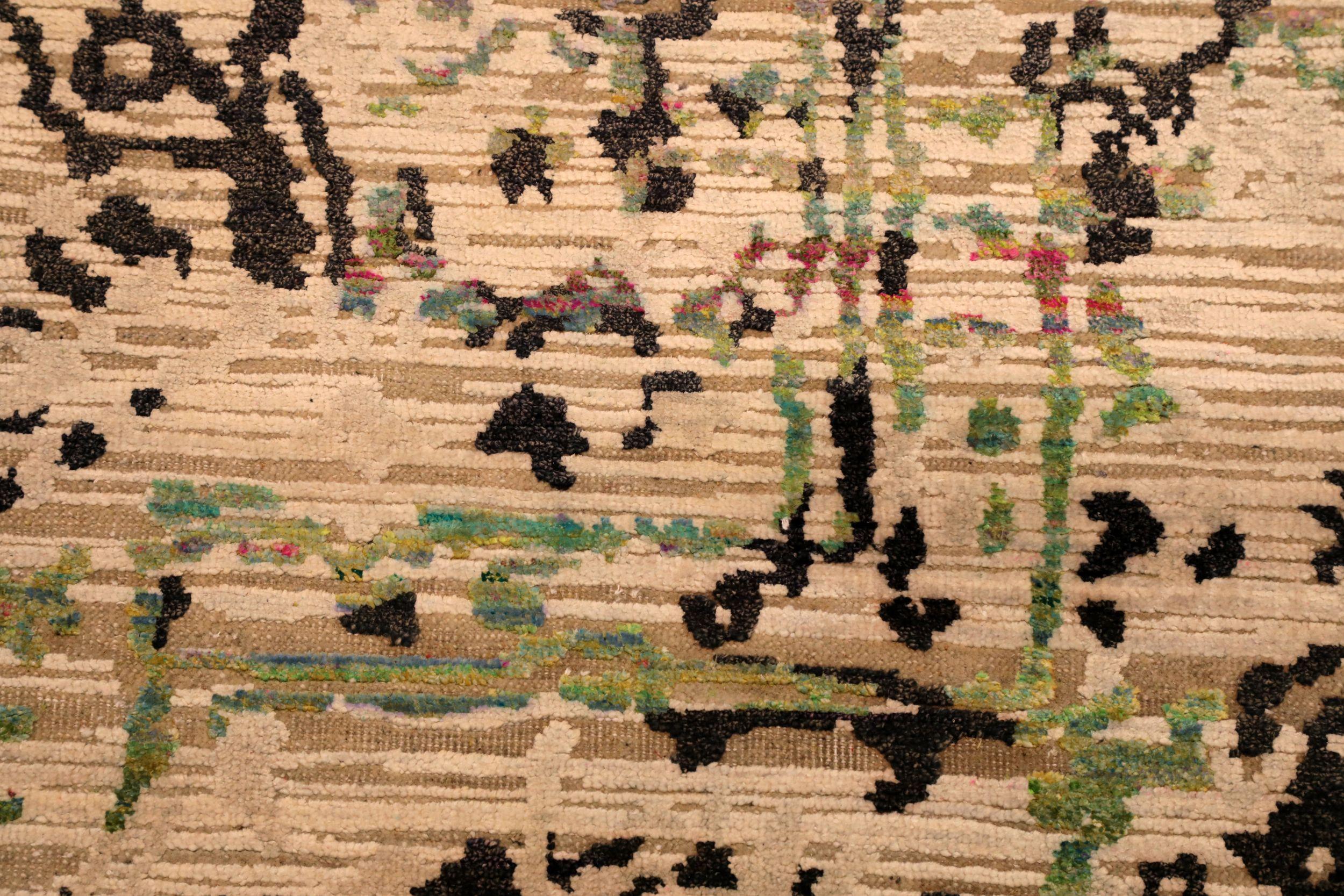 Noué à la main Tapis de zone moderne de l'Inde - Laine Noir Vert Design Ivoire - 94104 en vente
