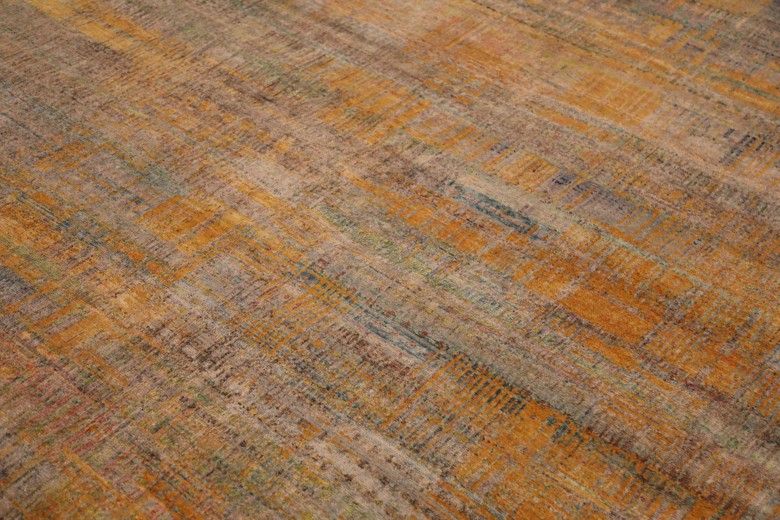 Moderne Tapis modernes indiens en laine bleu vert orange jaune motif 93859 en vente